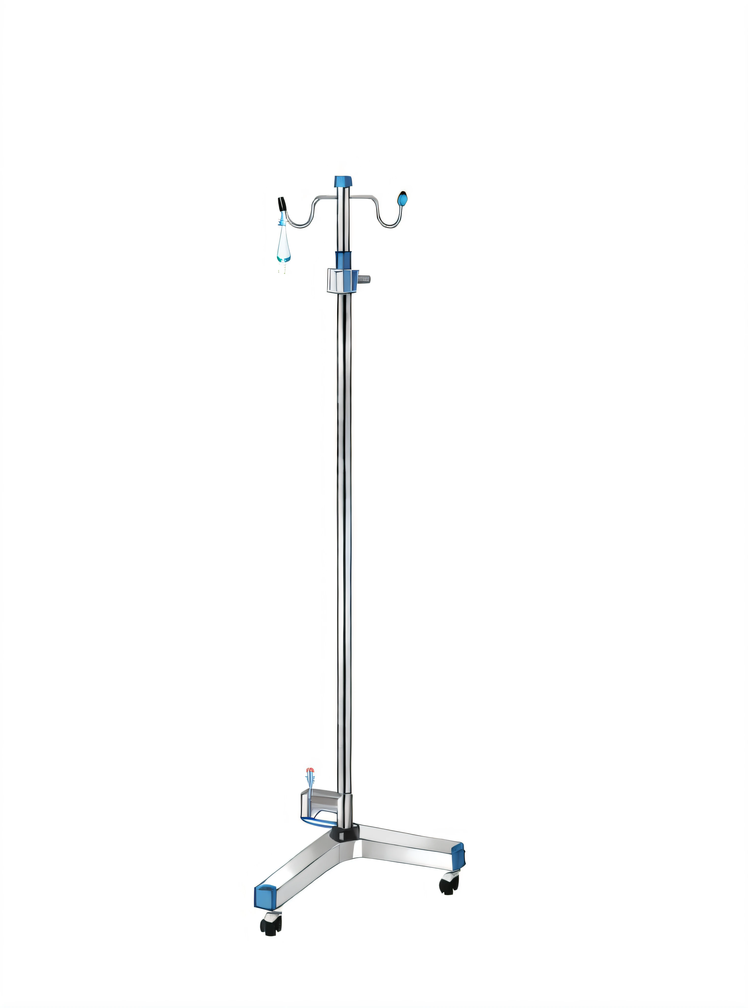 a white and blue medical equipment stand with a blue handle, iv pole, surgical iv bag, surgical iv drip, single head, surgical equipment, surgical supplies, iv drip, aorta, intubation equipment, Product photo, p. j. n, iv drip, A big, battle stand, 240p, Medical equipment, very intense,