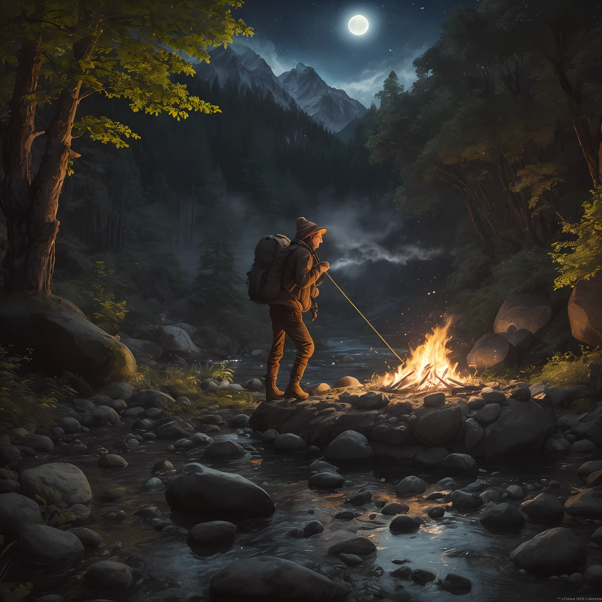 masterpiece, best quality, ultra-detailed, illustration, 1 boy, solo, outdoors, camping, night, mountains, nature, stars, moon, bonfire, tent, twin ponytails, green eyes, cheerful, happy, backpack, sleeping bag, camping stove, water bottle, mountain boots, gloves, sweater, hat, flashlight, forest, rocks, river, wood, smoke, shadows, contrast, clear sky, constellations, Milky Way, peaceful, serene, quiet, tranquil, remote, secluded, adventurous, exploration, escape, independence, survival, resourcefulness, challenge, perseverance, stamina, endurance, observation, intuition, adaptability, creativity, imagination, artistry, inspiration, beauty, awe, wonder, gratitude, appreciation, relaxation, enjoyment, rejuvenation, mindfulness, awareness, connection, harmony, balance, texture, detail, realism, depth, perspective, composition, color, light, shadow, reflection, refraction, tone, contrast, foreground, middle ground, background, naturalistic, figurative, representational, impressionistic, expressionistic, abstract, innovative, experimental, unique --auto