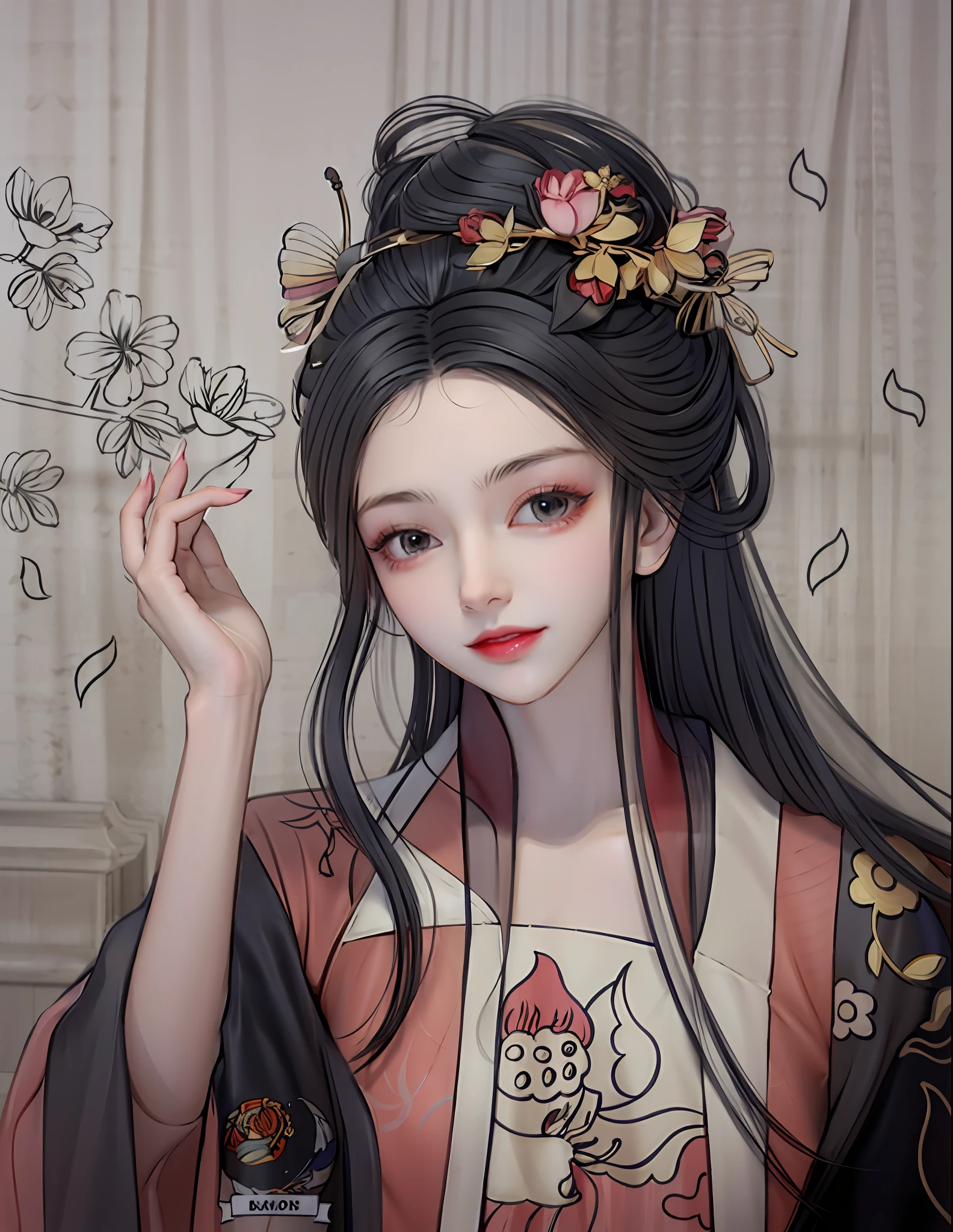 a drawing of a woman with flowers in her hair, beautiful line art, traditional drawing style, exquisite line art, illustration line art style, royal palace , A girl in Hanfu, line art illustration, ancient chinese princess, lineart behance hd, beautiful drawing style, High quality sketch art, detailed digital drawing, extremely fine ink lineart, line art!!