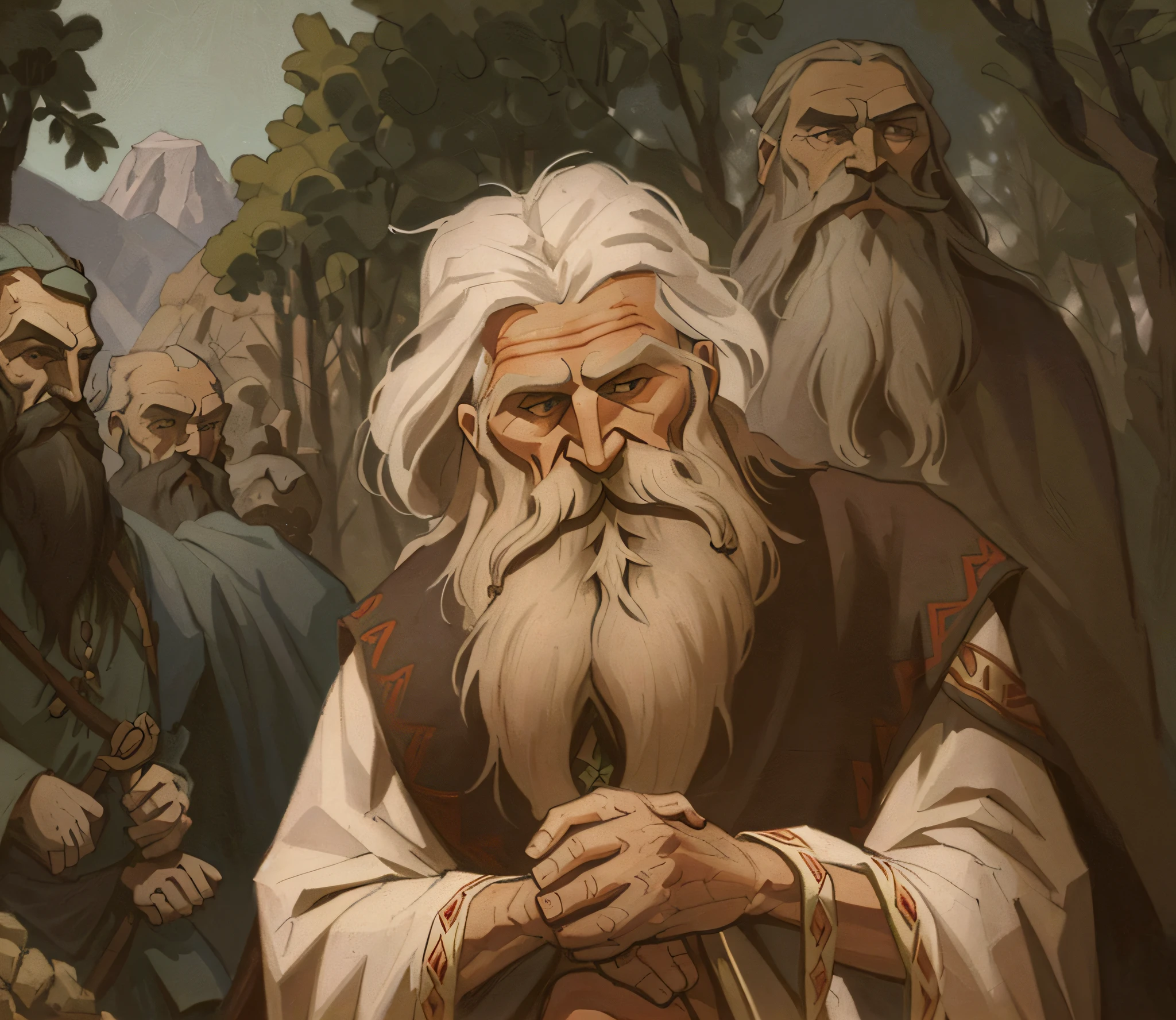 Old Slavic magician, druid, ((very long beard to the knees)), ((ancient slavic folk clothing)), Nicholas Roerich, Russian fairy tale, fantasy