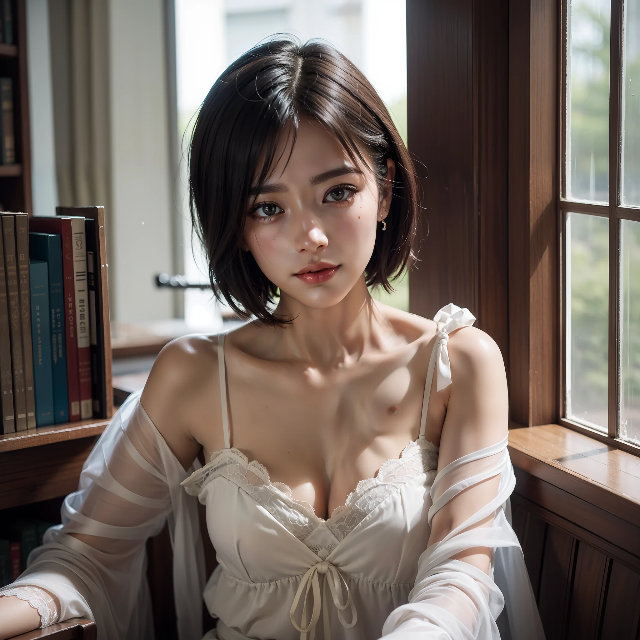 Stunning close-up portrait of a young and beautiful woman with RAW, analog style and impressive features. She should have long, flowing hair, a seductive gaze, and an attractive look. The background is neutral and simple, allowing the woman to be the focal point of the image. Pay attention to details, such as highlights and shadows on her face and hair, to create realistic and realistic images. Experiment with different lighting techniques to enhance the mood and atmosphere of your portrait. The final product must be a masterpiece that captures the essence and beauty of women ((Highly detailed skin, skin details)), Sharp Focus, Volumetric Fog, 8K, UHD, DSLR, High Quality, Film Grain, Fujifilm XT3, Camisole Dress, Hemp Dress, Floret Dress, Short-Cut Hair, Disheveled Hair, Antique Library Chair, A little smile, rain outside the window, raindrop-dripping windows, a lot of library books