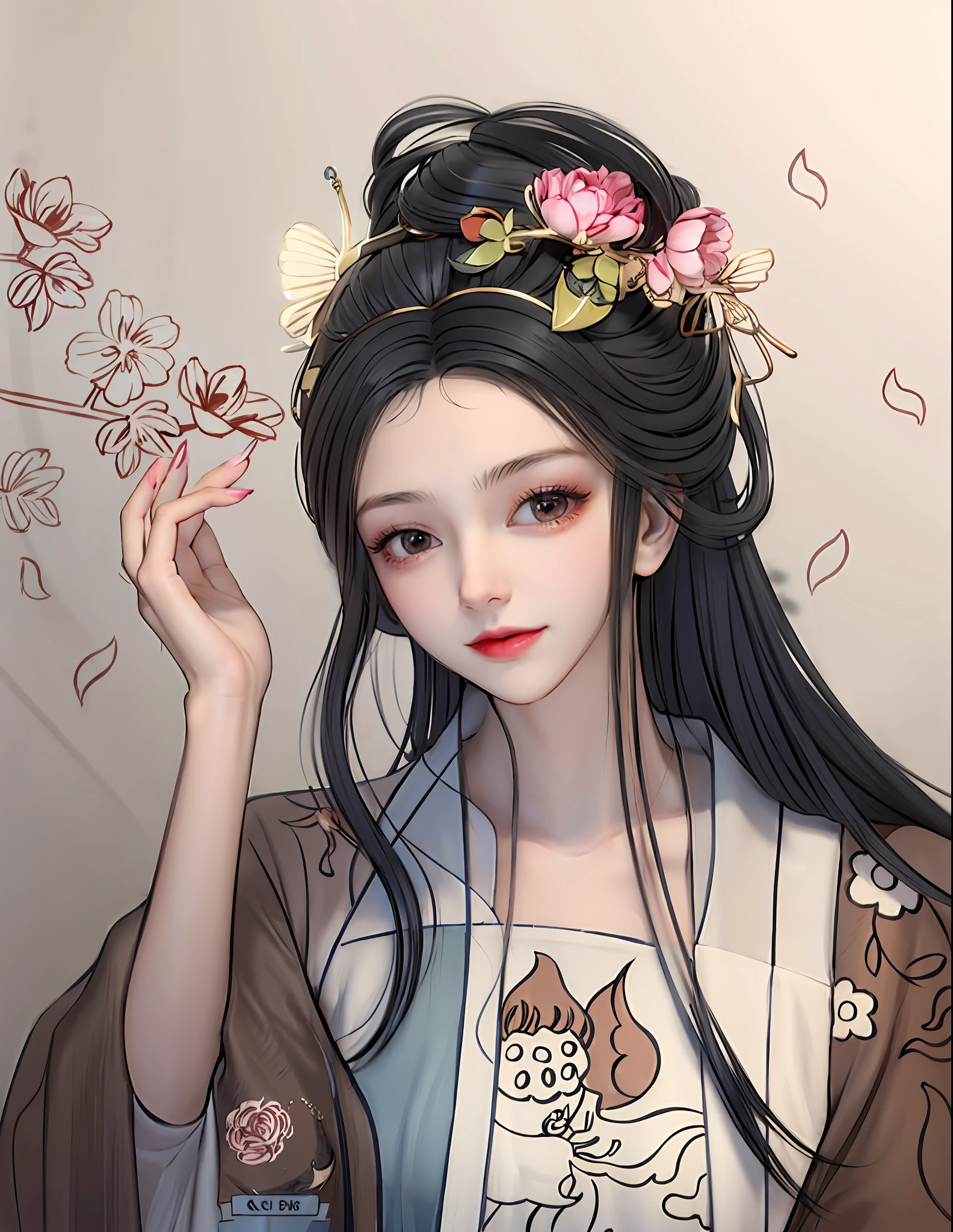 a drawing of a woman with flowers in her hair, beautiful line art, traditional drawing style, exquisite line art, illustration line art style, royal palace ， A girl in Hanfu, line art illustration, ancient chinese princess, lineart behance hd, beautiful drawing style, High quality sketch art, detailed digital drawing, extremely fine ink lineart, line art!!