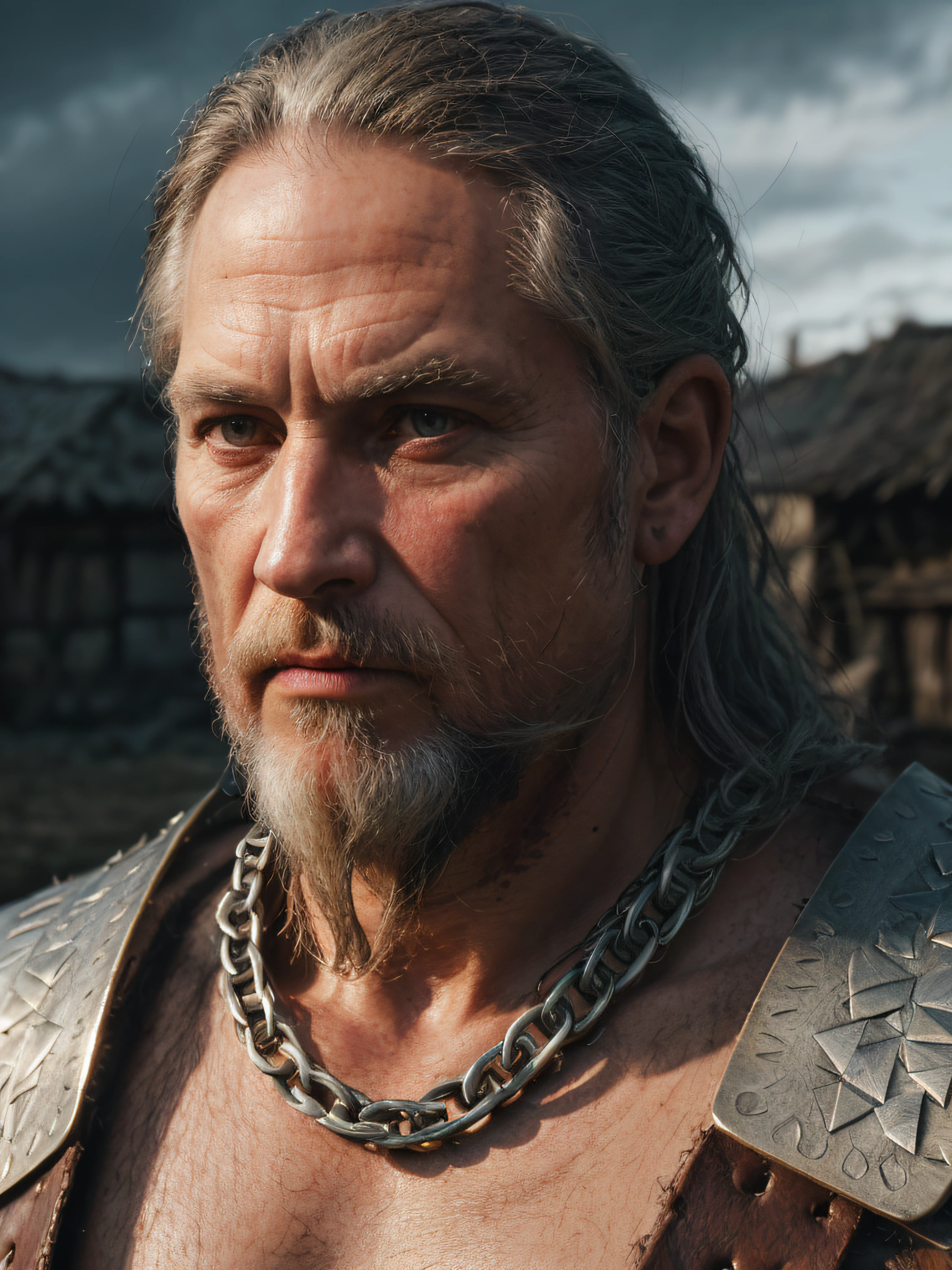 (Highest quality:1.3), cinematic shot, masterpiece, (sharp focus:1.5), (photorealistic:1.3),  medium portrait of (a weary-looking but still proud and fierce-looking old Viking warrior, now the leader of his village, dressed in elaborately detailed chain mail and leather armour, a few torches burn on the walls, giving the scene a dark atmosphere but sculpting the forms in sharp chiaroscuro), it is night time, (highly detailed skin),  (detailed face), detailed background, dark lighting, twilight lighting, volumetric lighting,  intricate details, UHD,