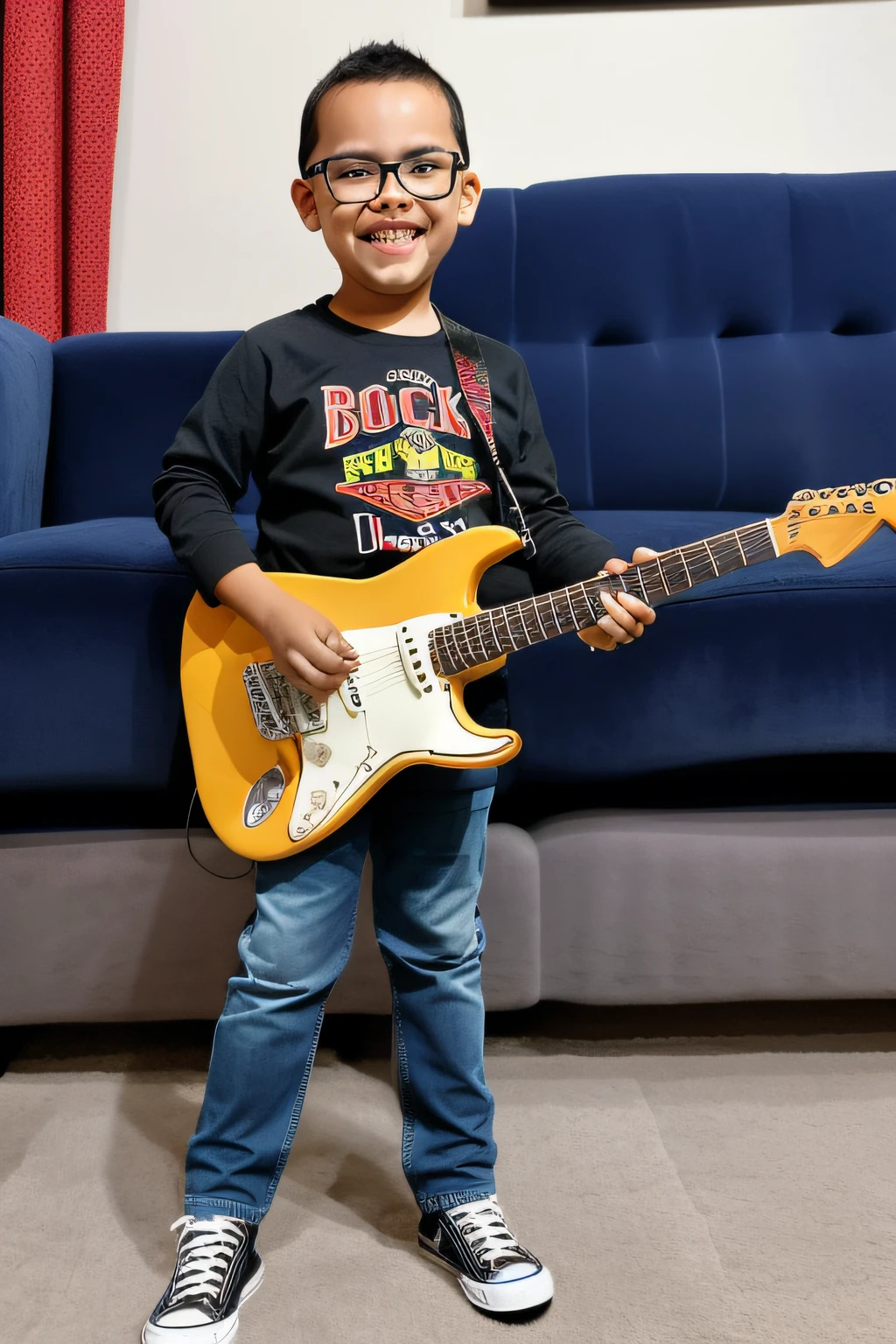 guttonerdvision6, a 3-year-old boy wearing glasses, roupa de vocalista de banda de rock, tocando guitarra stratocaster. detalhes intrincados, UHD, realista