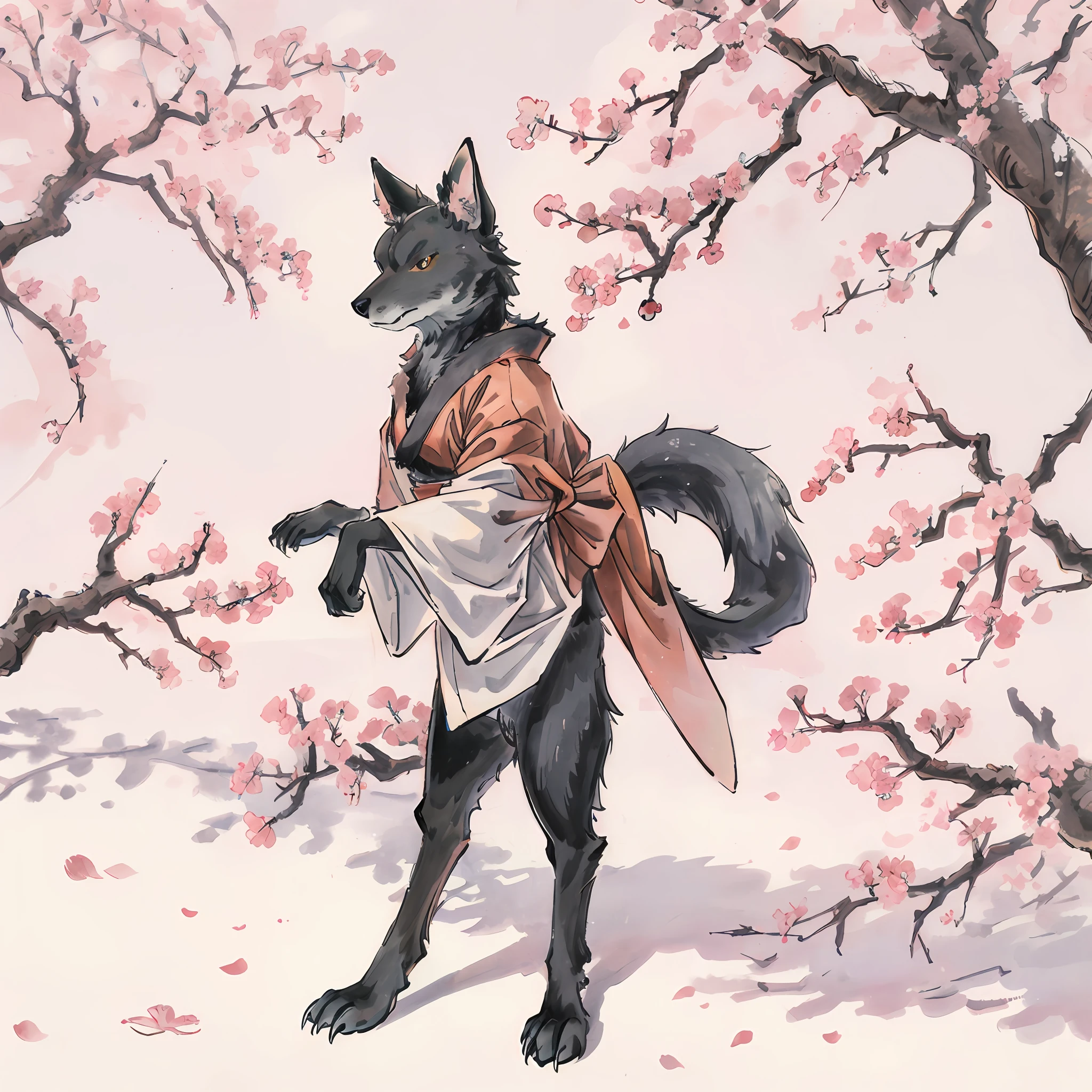 masterpiece, kimono, The cherry tree, cherry blossoms dancing in the wind(super cute 1girl, solo, kemono, furry anthro)(animal ear, animal tail),