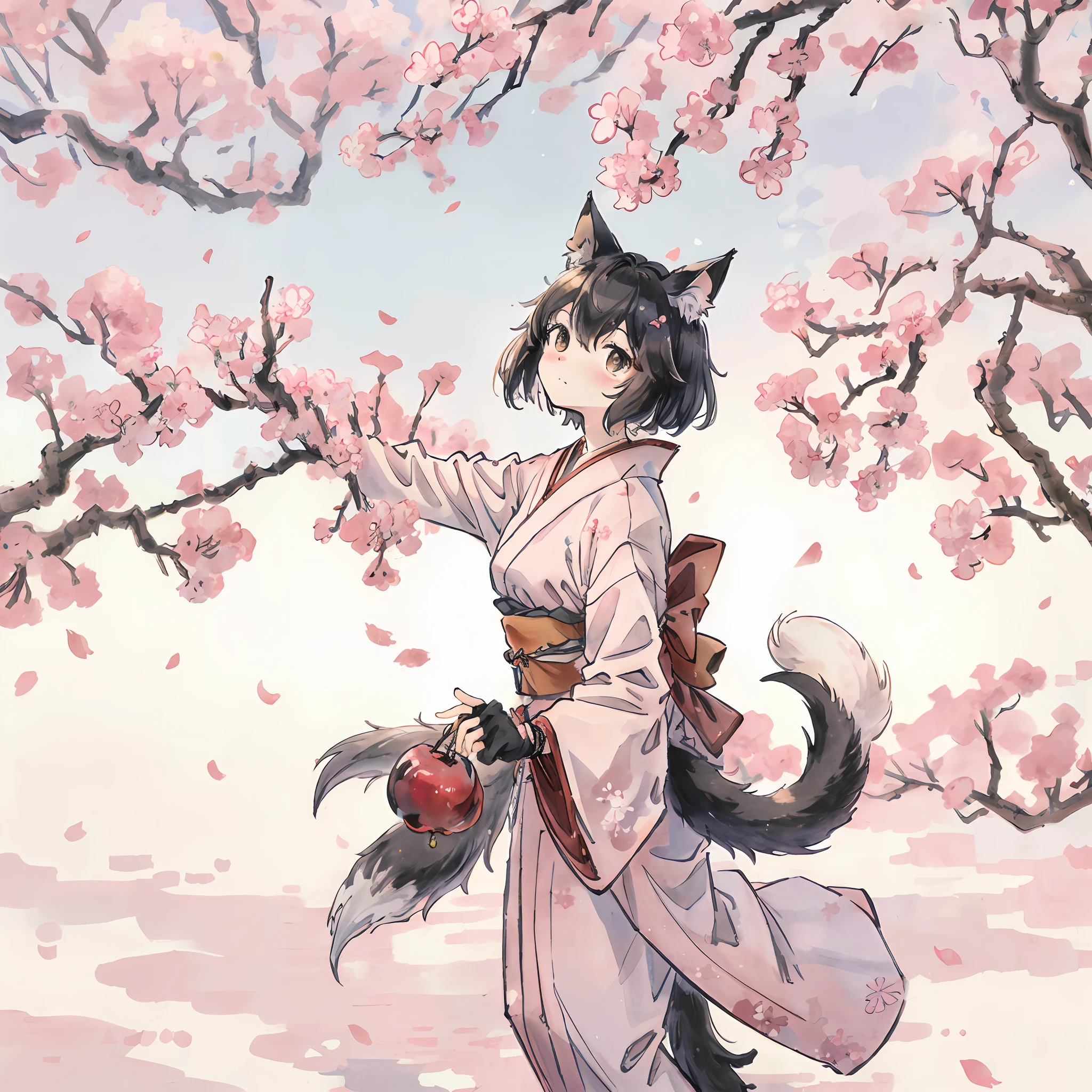 masterpiece, kimono, The cherry tree, cherry blossoms dancing in the wind(super cute 1girl, solo, kemono, furry anthro)(animal ear, animal tail),