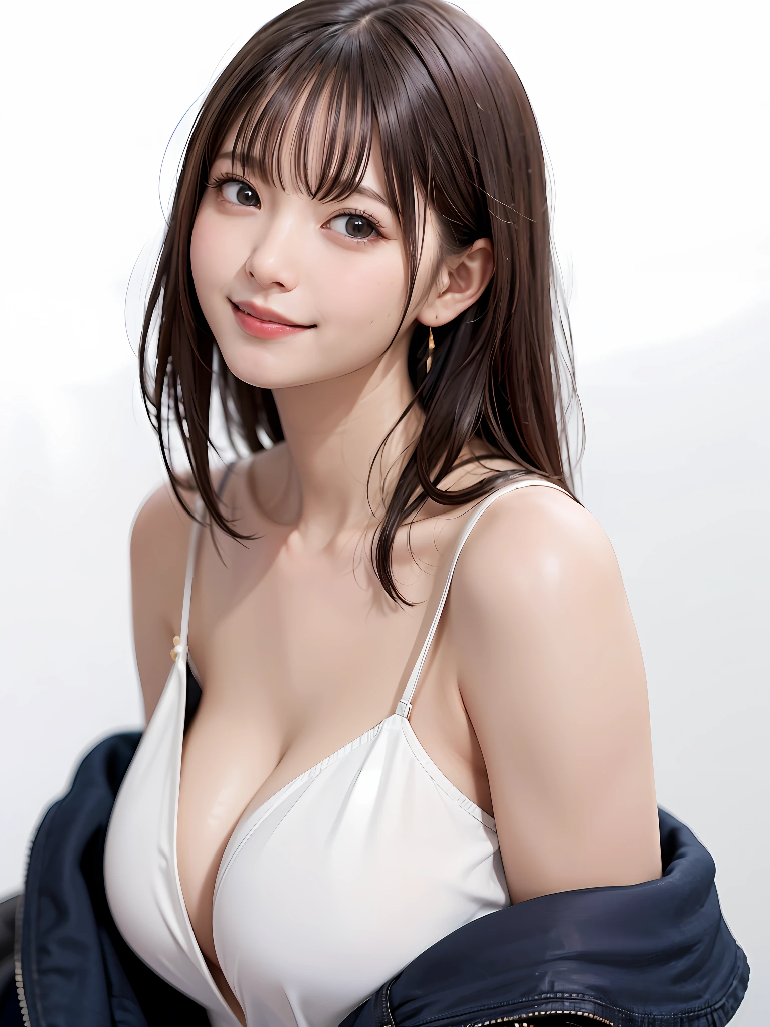((巨作、1 beautiful girl、Detailed eye、Shorthair with bangs、neck long、Put your ears out))、big eye、Distinct double eyelids、((最好质量, ultra-high-resolution、gazing at the camera、Light brown eyes、Clean collarbone、glowy skin、Straighten your back、The face of the golden ratio、a small face)), (Realisticity: 1.4), OriginalPhotographs, 1girl in,Cinema tick writing、japanes、Asian Beauty、Korea person、Super beauty、Beautiful skin、(((extremely large bosom、A slender、The body is facing forward、lipgloss、smiling slightly、Closing mouth and smiling happily)))、(ultra realisitic)、(A high resolution)、(8K picture quality)、(Very Details)、(Best Illustration)、(beautifully detailed eyes)、(ultra hyper-detailed)、detailed faces、lookig at viewer、Facing Straight Ahead、neat and clean clothes、sleevless、short-hair、black har、46-point diagonal bangs、Background is really nothing but pure white background、neat atmosphere、