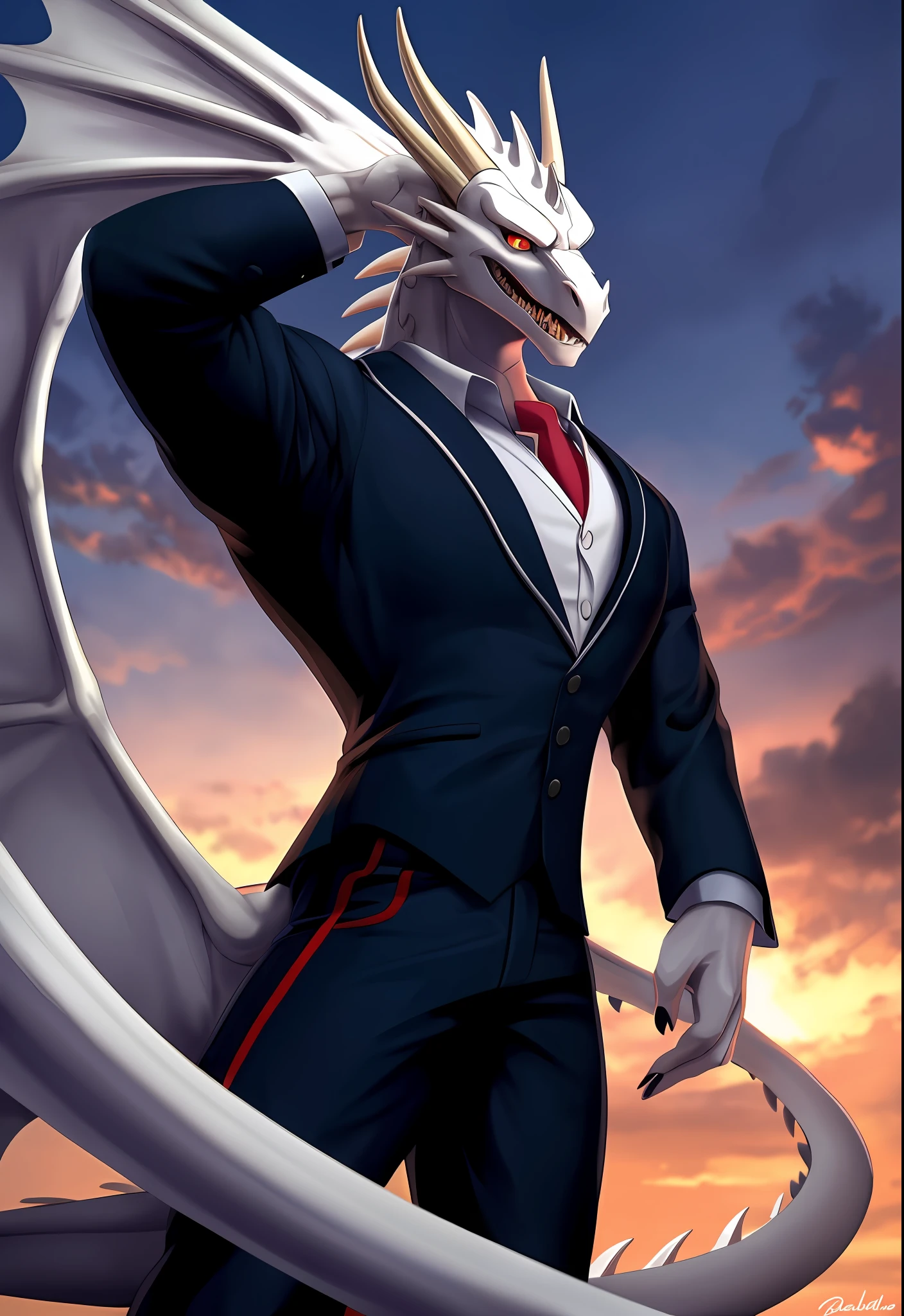 white dragon, musculoso, olhos detalhados, grandes asas, wearing a prince's suit, plano de fundo transparente, estilo anime, High resolution 4K