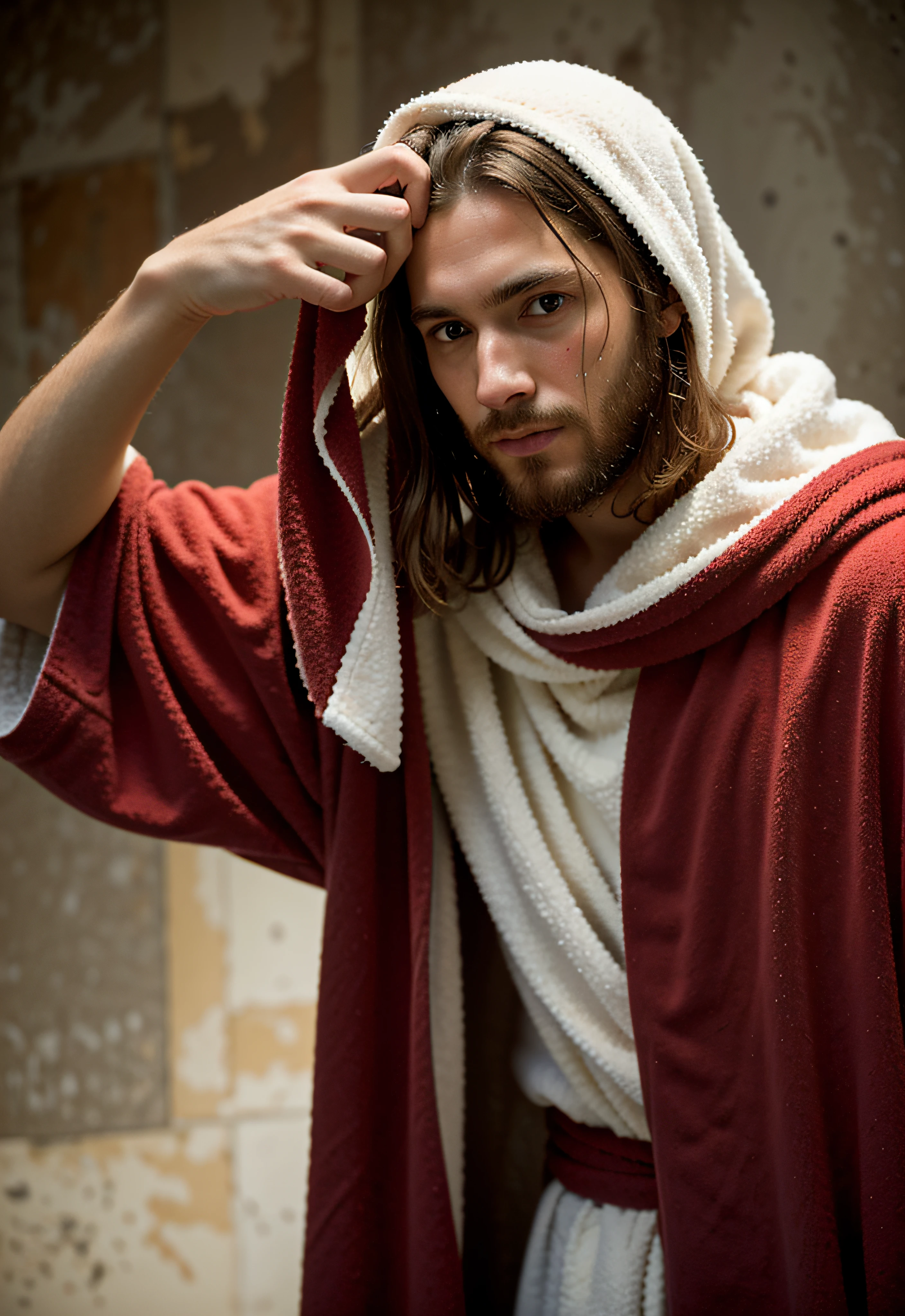 (masterpiece, best quality), intricate details, 1man, fenn_jesus, jesus christ, 1girl, robe, (looking down:1.1), brown eyes, SweatingTowelGuy, sweat, towel,