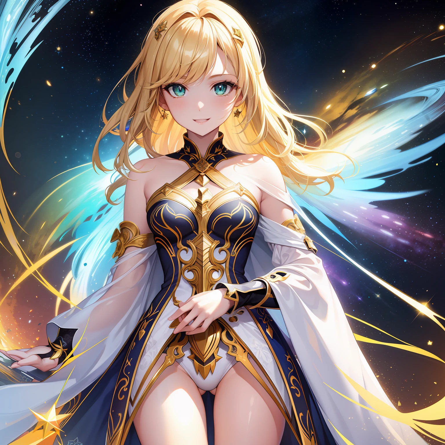 Chest out, absurdist, superfine illustration,rainboweffect, Hi-Def, ultra hyper-detailed,Light diffusion,highly detailed light reflection, Kaleidoscope, harmonious, Best Shadow, highly detailed very beautiful big smile face, ;D, beautiful growing crystal diamond star pupil, looks at viewer, beautiful detailed hair, Solo, Dynamic Pose, beautiful detailed High school uniform, Fantastic and sparkling throughout、Shooting stars and windy background detail background