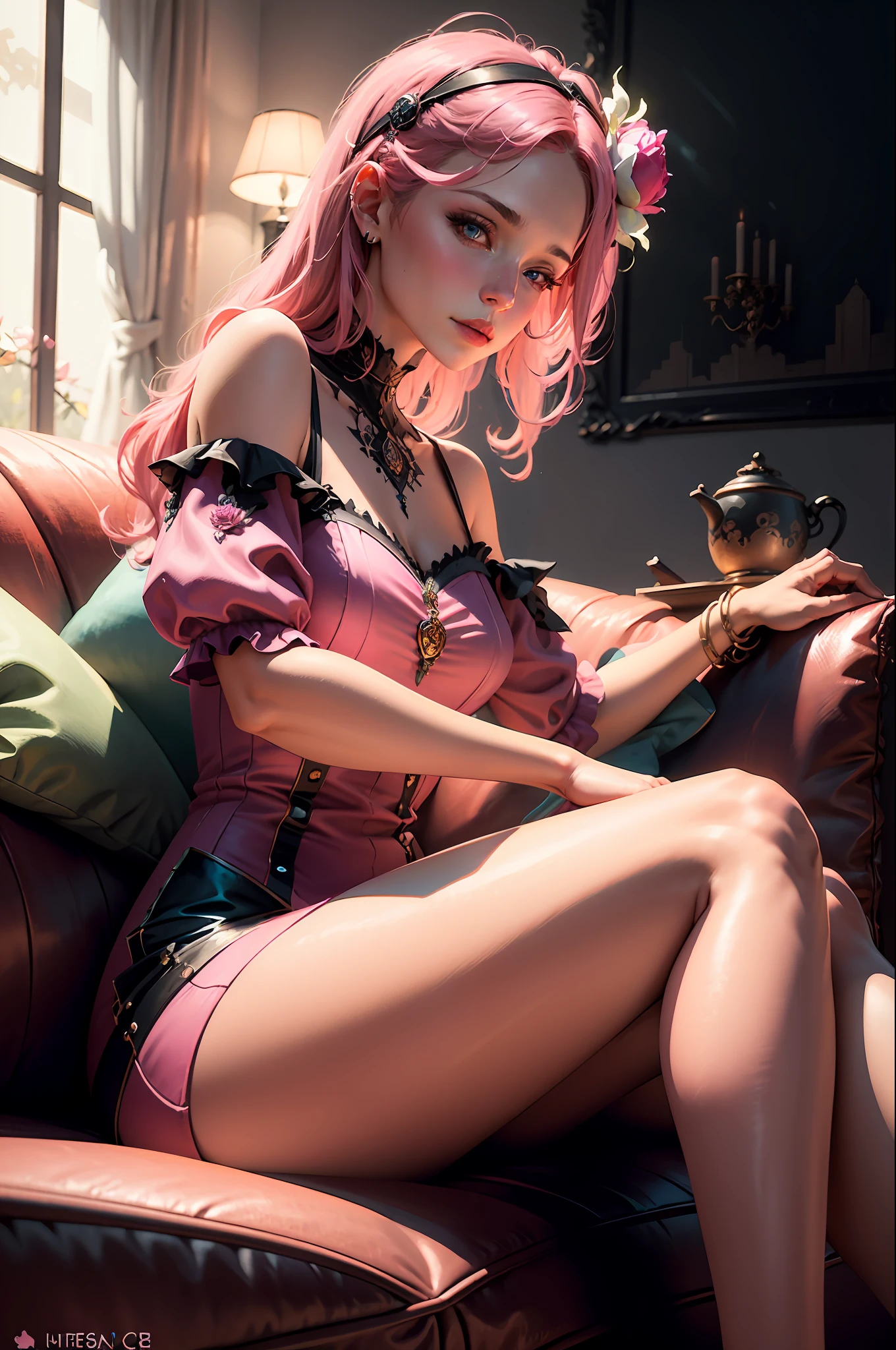 araffed woman in a pink dress sitting on a couch, a digital painting inspired by Rose Henriques, tumblr, fantasy art, pink vibe, pink girl, 8k high quality detailed art, in the art style of bowater, 🌺 cgsociety, some pink, realistic artstyle, dressed in a pink dress, loish and wlop