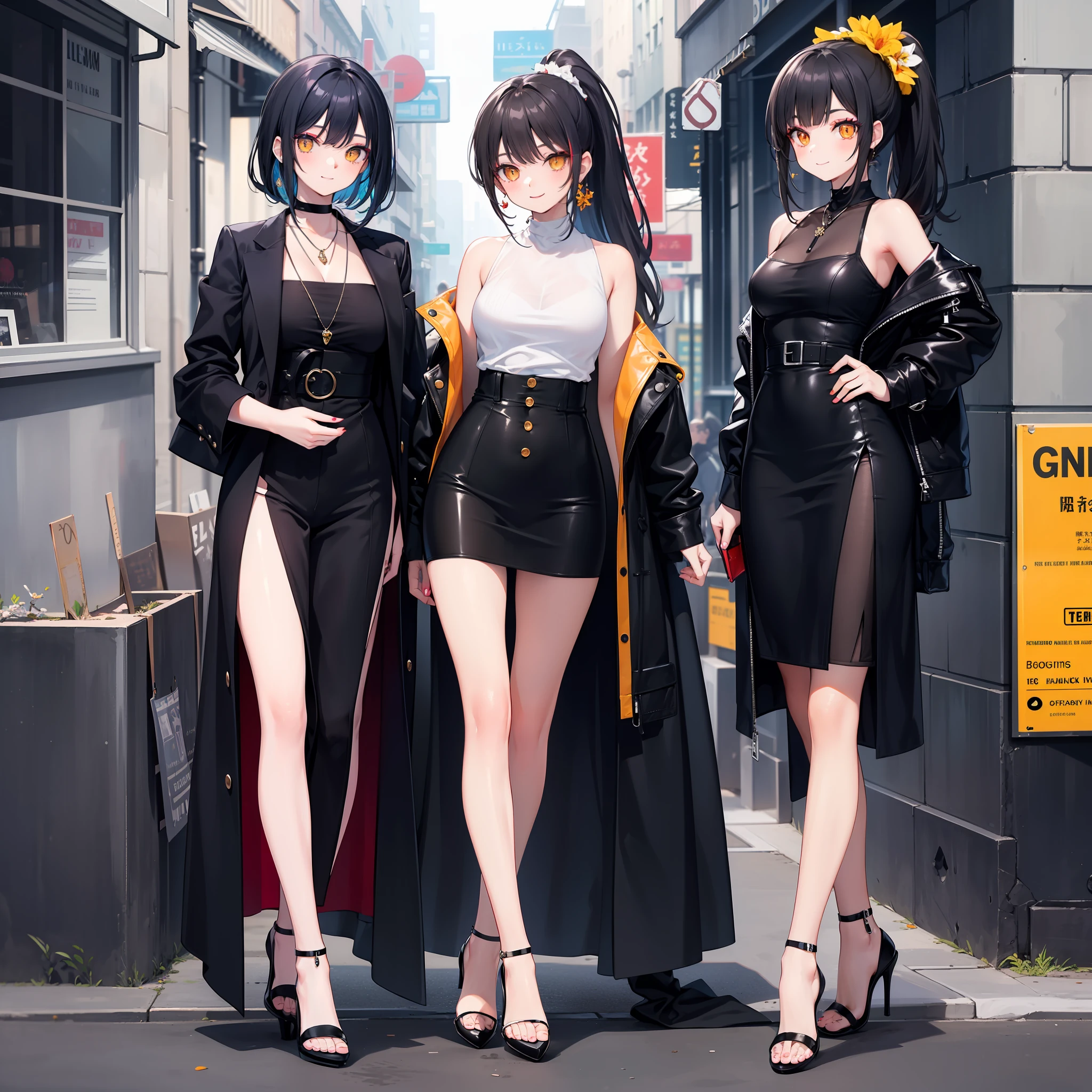 (masterpiece:1.5) (bestquality) trendy, fashionable, stylish, (high-end fashion), (chic), (sleek), (elegant), (modern), (minimalist), (edgy), (urban), (street style), (designer) clothing, (bold patterns), (vibrant colors), (tailored), (fitted), (layered), (accessorized), (high heels), (statement jewelry), (fashion forward) hairstyle, (flawless makeup), 1girl,orange eyes,yellow sclera,long hair,black hair,Colored inner hair,black_hair,Sidelocks,high ponytail,ponytail,medium breasts,flower ribbon,smile