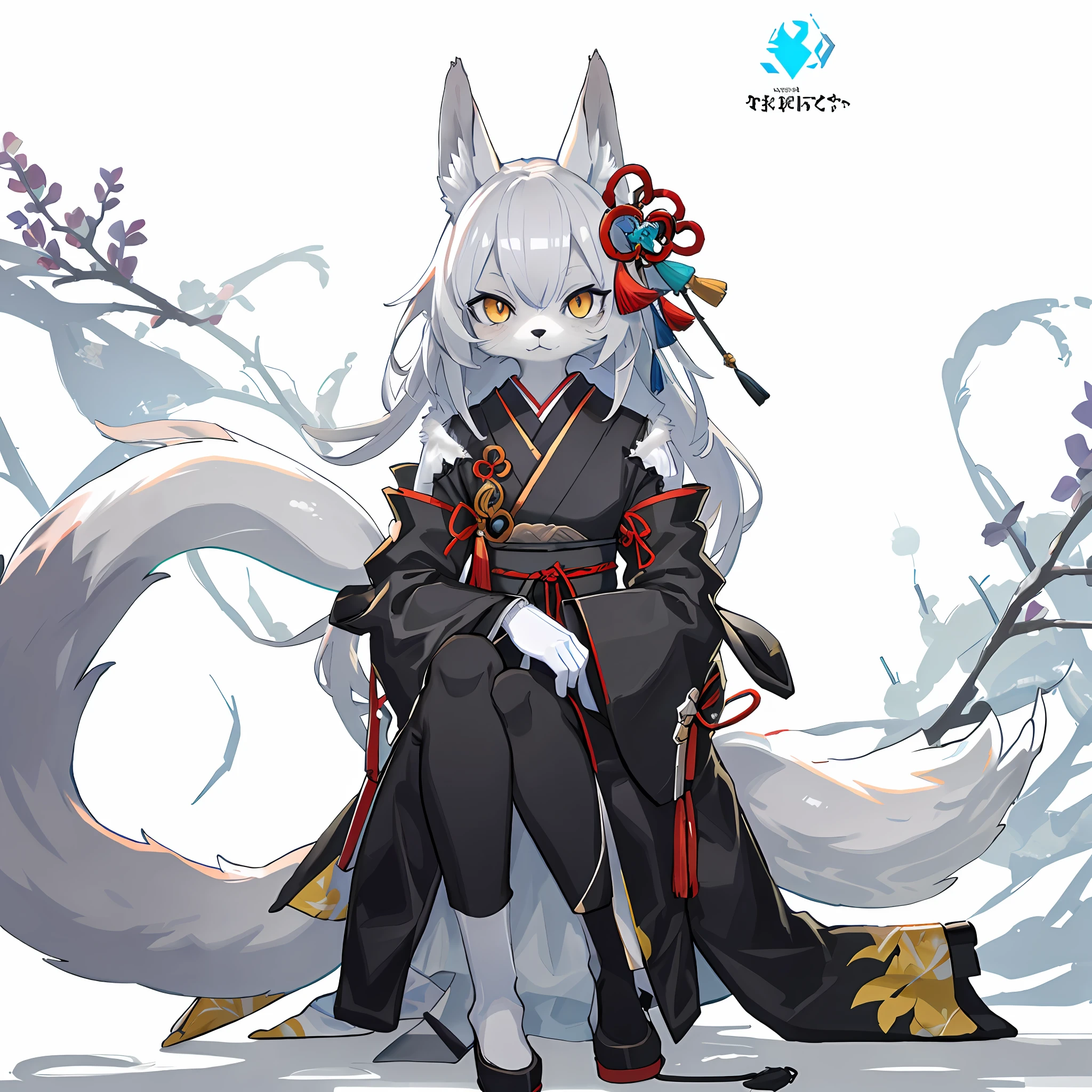 a close up of a cat with a long tail and a tail, From Arknights, Onmyoji detailed art, White-haired fox, 8K high quality detailed art, three - tailed fox, Nine tails, 《genshinimpact》in the clear, white fox anime, ethereal fox, by Yang J, trending on artstation pixiv, style of duelyst
