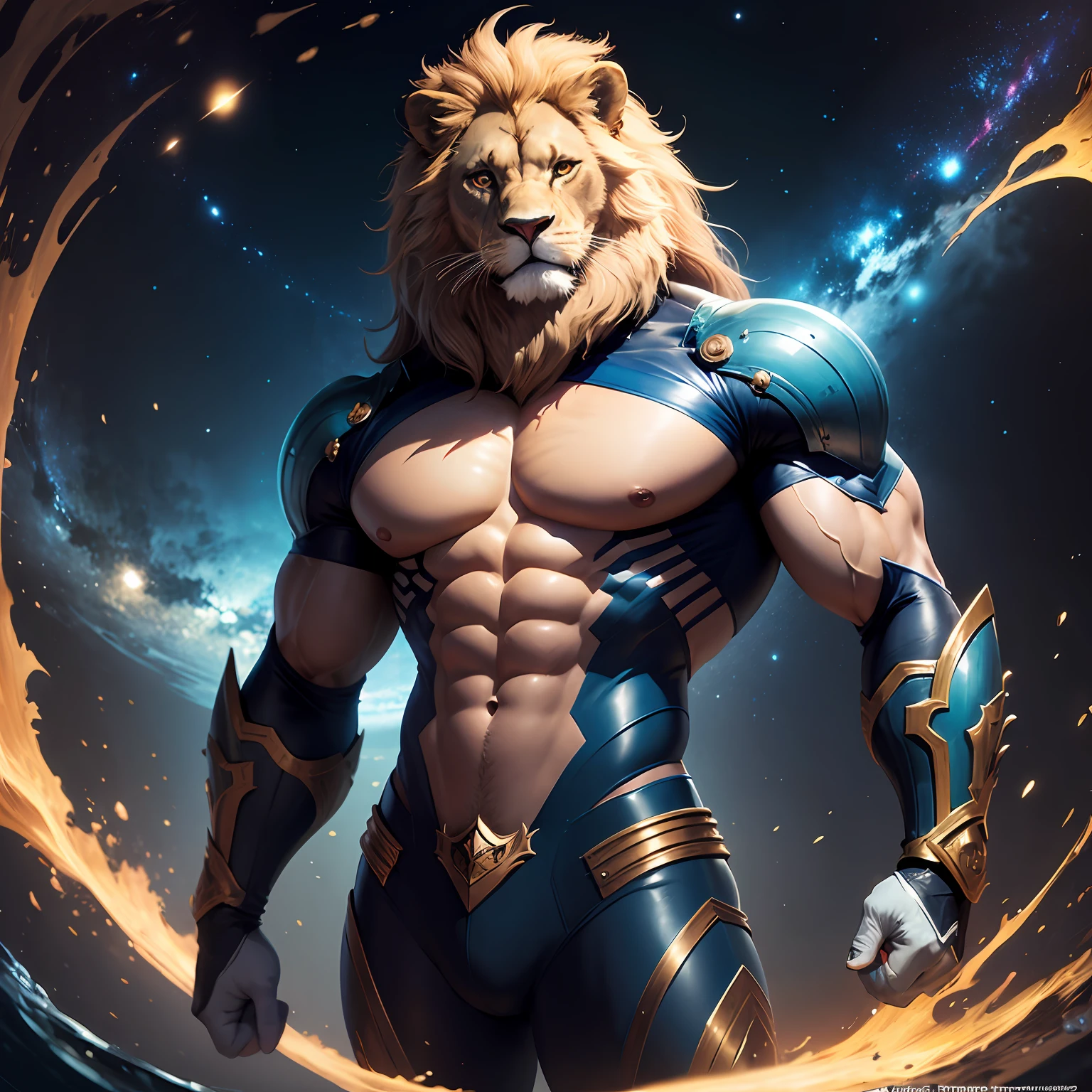 CREATE a lion-like man, de terno azul, Colado, transparente, malha fina, gravata, fundo celestial, galaxy, corpo trincado, guerreiro --auto