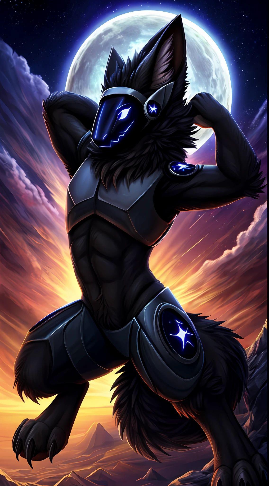 Protogen, pelaje negro y ojos rojos, pelaje suave, cuerpo detallado, pose de pelea,sosteniendo una espada con una mano ,cielo oscuro, estrellas, luna llena, anochecer