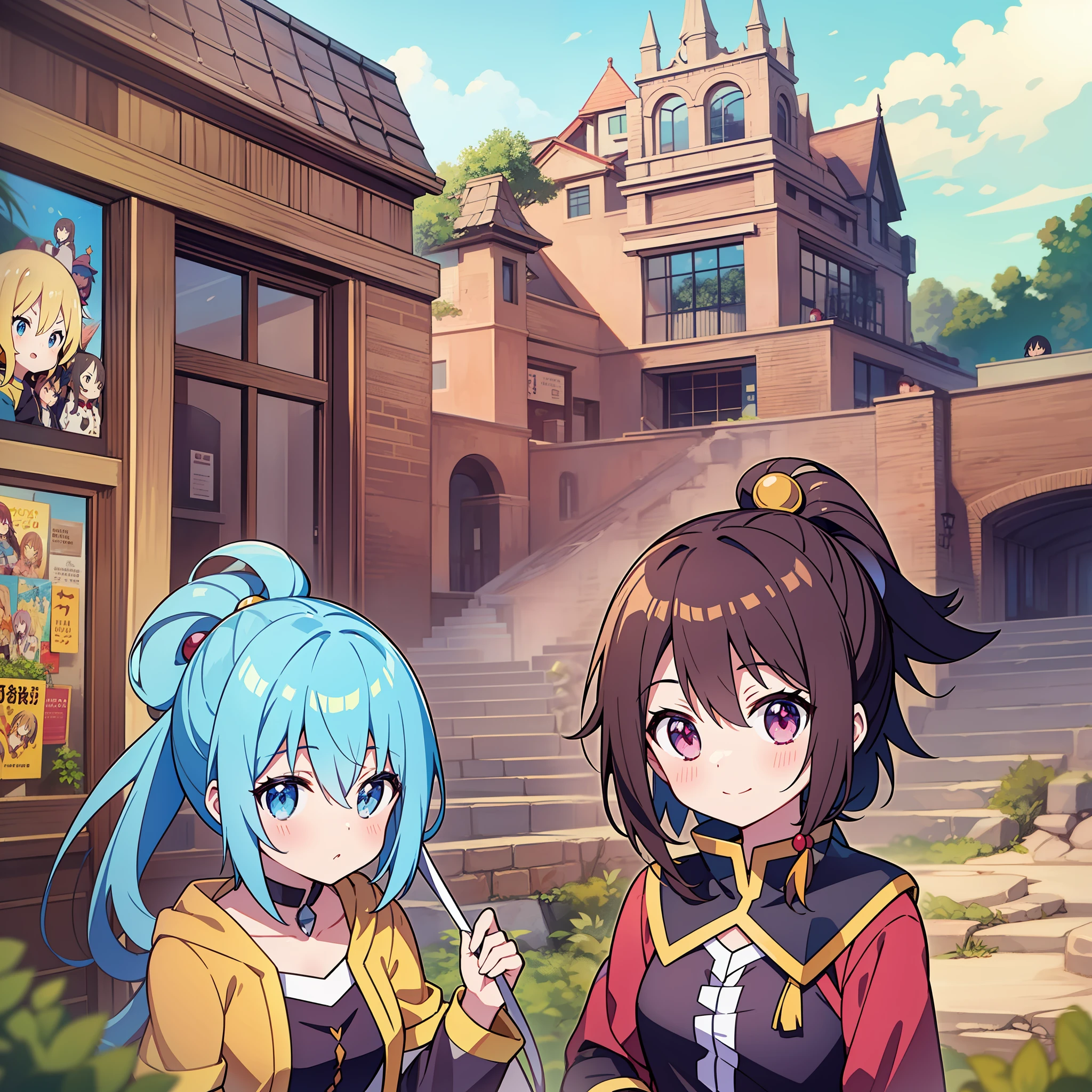 um close up de um grupo de personagens de anime com um sinal, Konosuba, estilo anime Konosuba, popular Isekai anime, imagem de anime safebooru, Anime Estilo Estrela, Isekai, Megumin, Konosuba, Anime de hoje ainda em destaque, anime de alta qualidade, imagem de anime shuushuu, Ainda de anime de TV