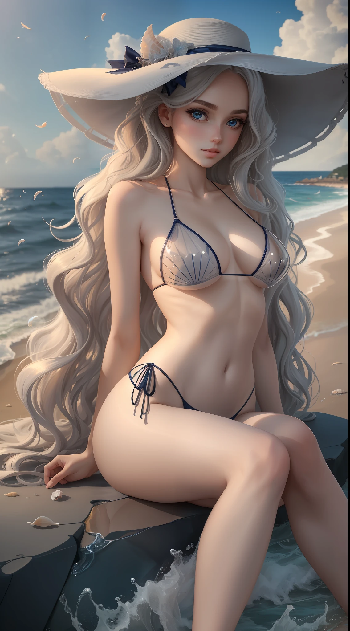 A beauty with long light gray hair. Big eyes, high nose, meticulous, tall. Slender legs. Wear a set of erotic transparent navy blue bikini, background on seaside, waves, shells, background co-shooting, 8K HD.