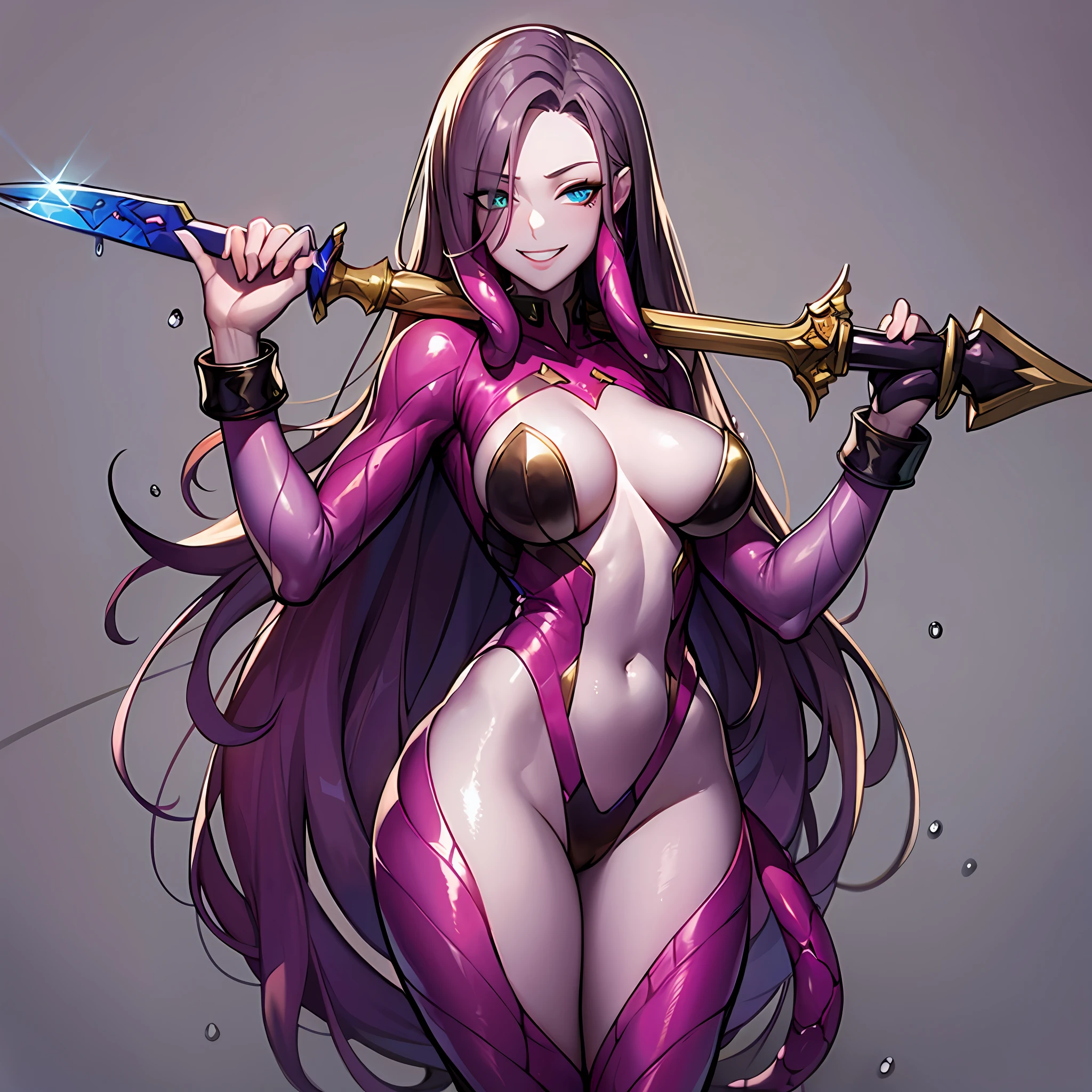 Woman wearing hot water dripping tentacles、wicked smile、Lustrous tentacles、Holding a tentacle sword、Cel Shade Adult Animation、Metroid Suit、long hair