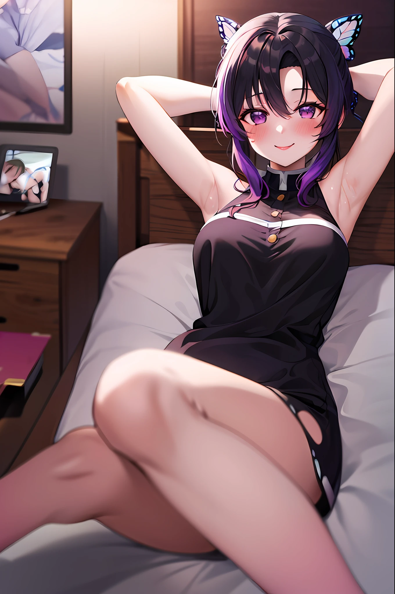 masterpiece, best quality, highres, 1girl, solo, kochou shinobu, butterfly hair ornament, purple eyes, multicolored hair, pony tail, parted bangs, sexy night dress, lying, lying on bed, smile, blush, spread arm, show armpit, pink armpit,