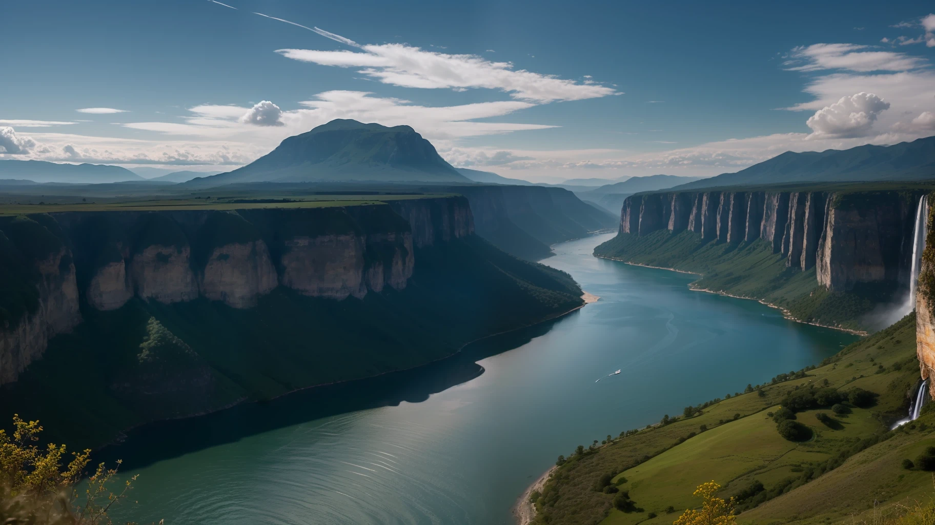 Masterpiece, ultimate quality, Cg unity 8k wallpaper, super delicate, beautiful sky and clouds, rich natural scenery, cliffs, lakes and rivers, waterfalls and flying water, beautiful green mountains, no trace of people, excellent scenery, has already won a photo contest, background Blurring, full depth of field, HDR high dynamics, true restoration, intricate, extreme details, dramatic presentation, perfectly presenting the style of midjourney art.
