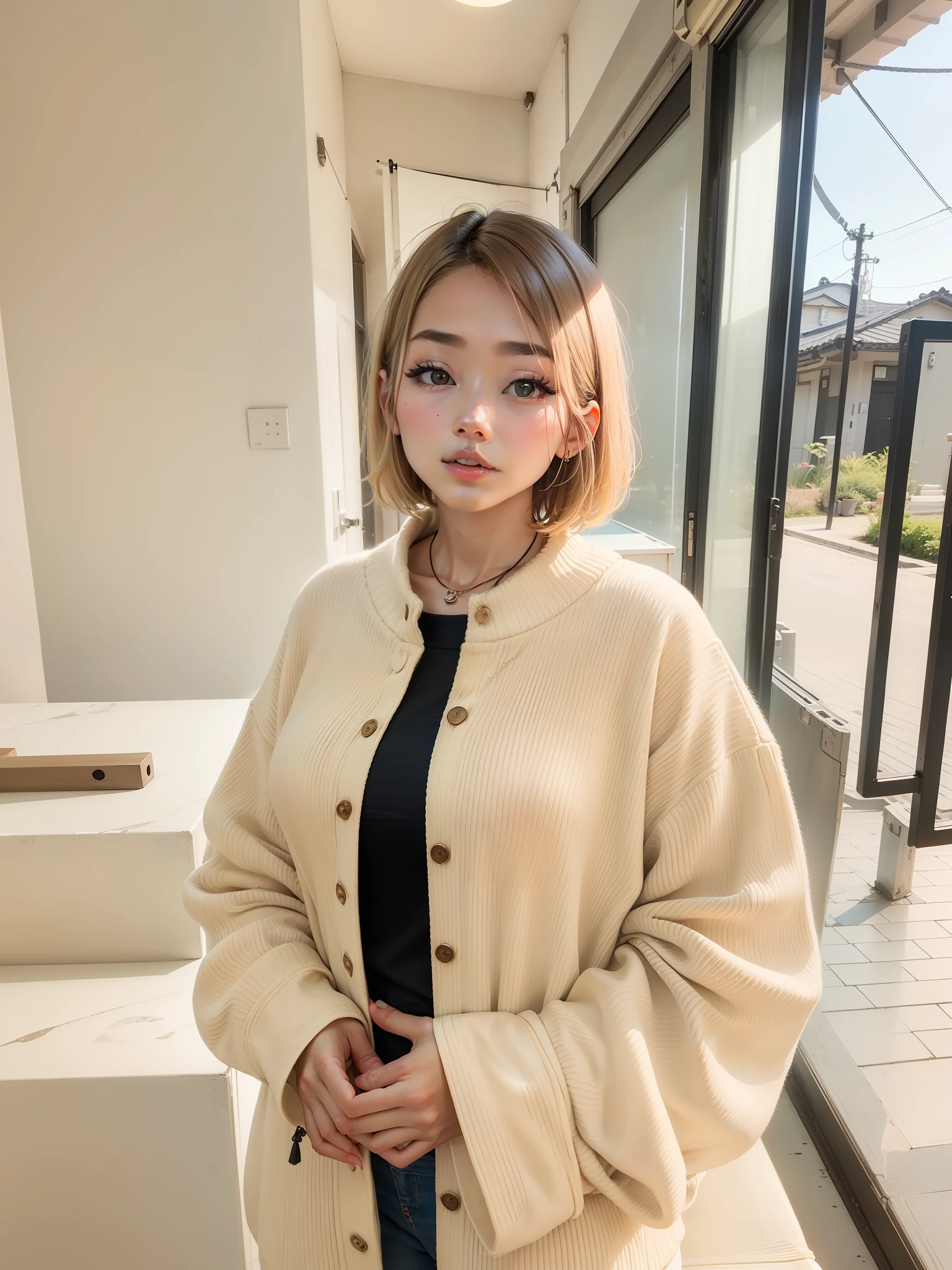 (Best Quality, 8k, 32k, Masterpiece, UHD: 1.2), Cute Japan Woman Pictures, Very Short Bob Hair, Upper Body, Face Focus, oversized_sweater, Necklace, Simple Background, From Above, Watch the Viewer,