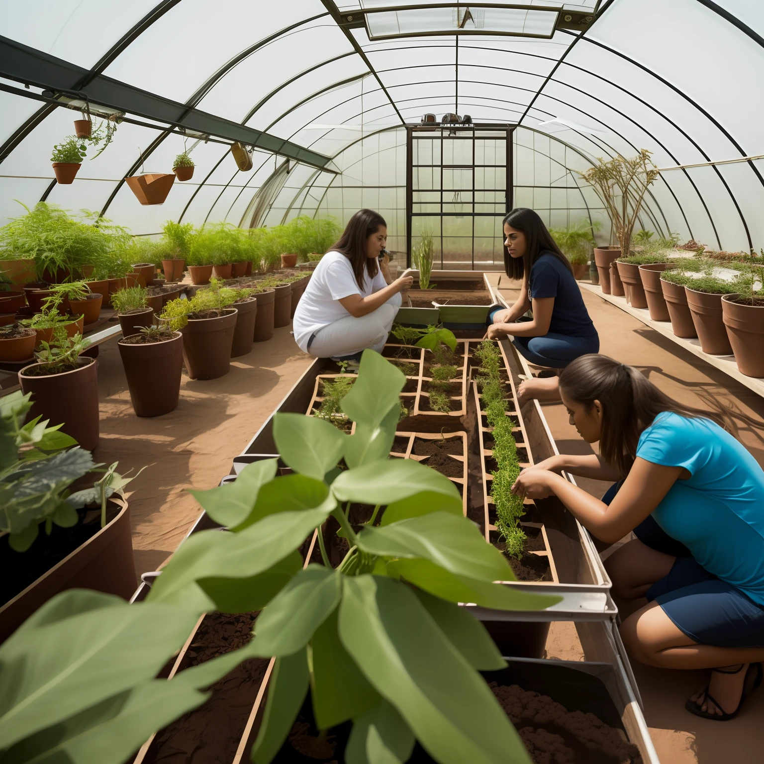 Photograph of three women working inside a greenhouse made of geodesic dome. uma delas planta sementes. the other does the acting of the vessels. another caresses a bitch who is with them. The photograph is spacious, em plano geral. do lado de fora, um dia ensolarado. --auto
