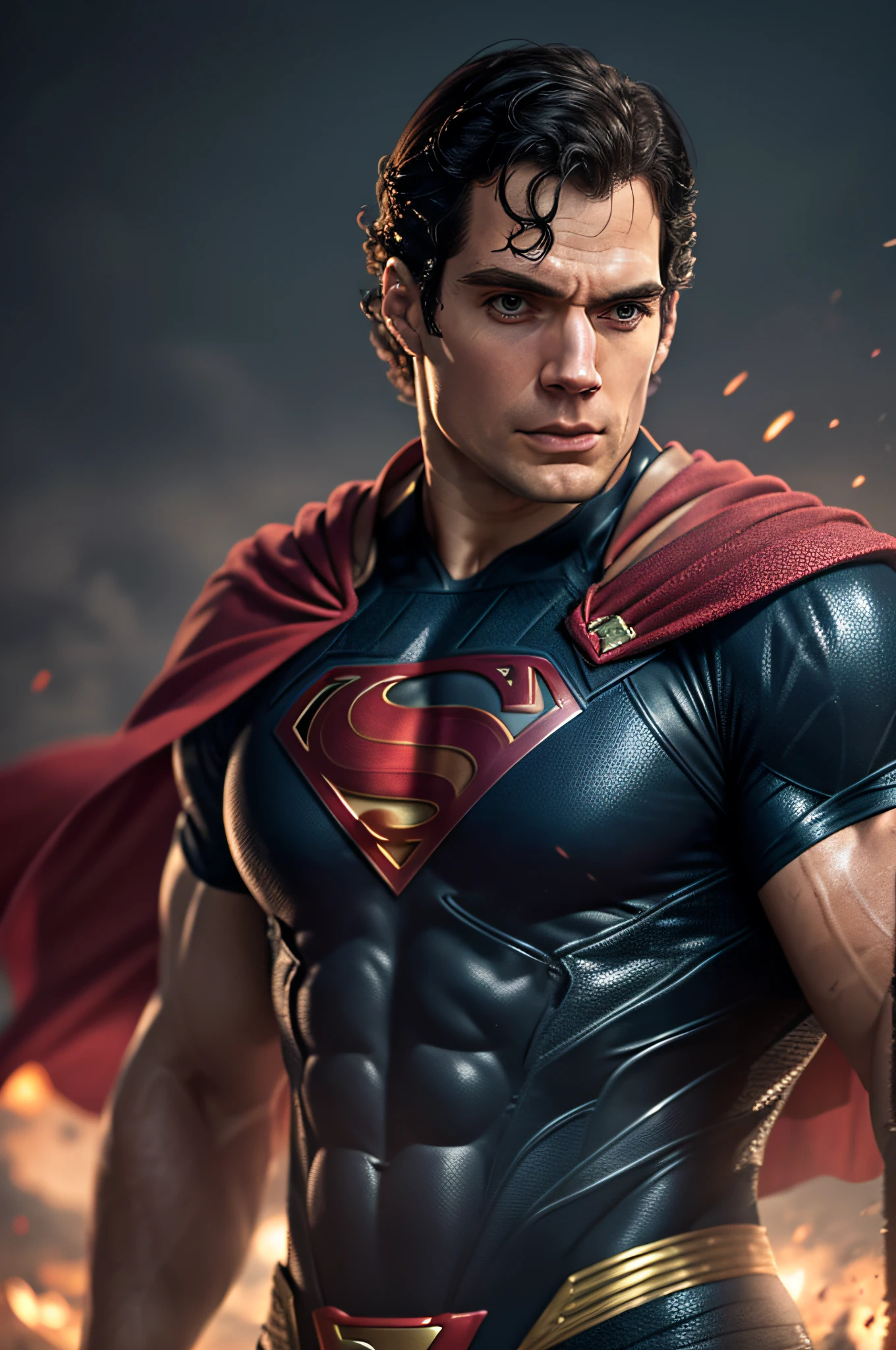 Henry Cavill as Superman, 40s year old, all black and red details suit, red cape, strain of hair covering forehead, short cut hair, tidy hair, tall, manly, hunk body, muscular, straight face, black medium hair, best quality, high resolution:1.2, masterpiece, raw photo, dark background, detailed suit, detailed face, upper body shot