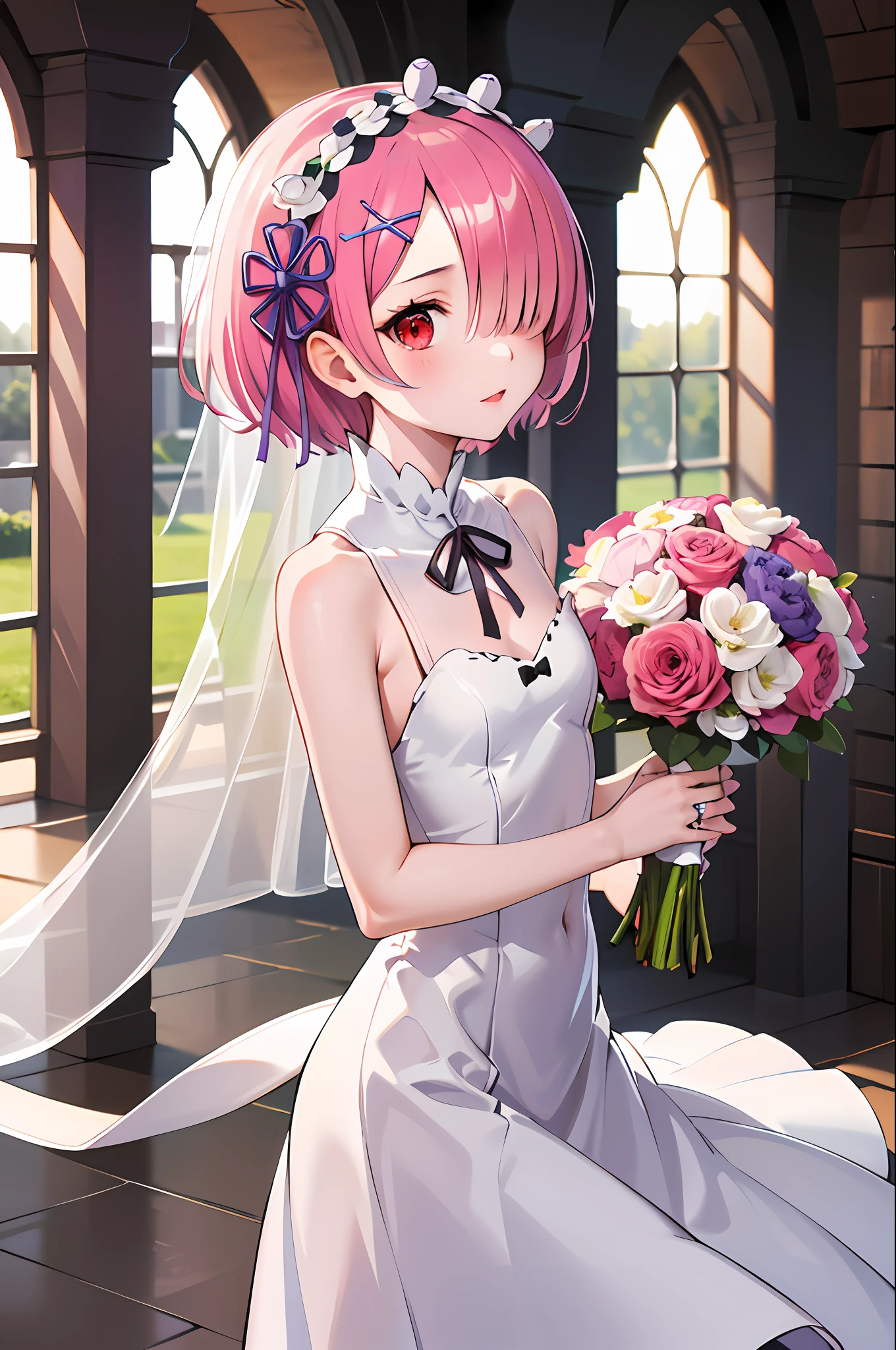 masterpiece, best quality, highres, ram1, 1girl, solo, ram \(re:zero\), pink hair, short hair, red eyes, hair over one eye, hair ribbon, x hair ornament, small breasts, purple ribbon, hair flower, wedding dress, bridal veil, bouquet, chuch,