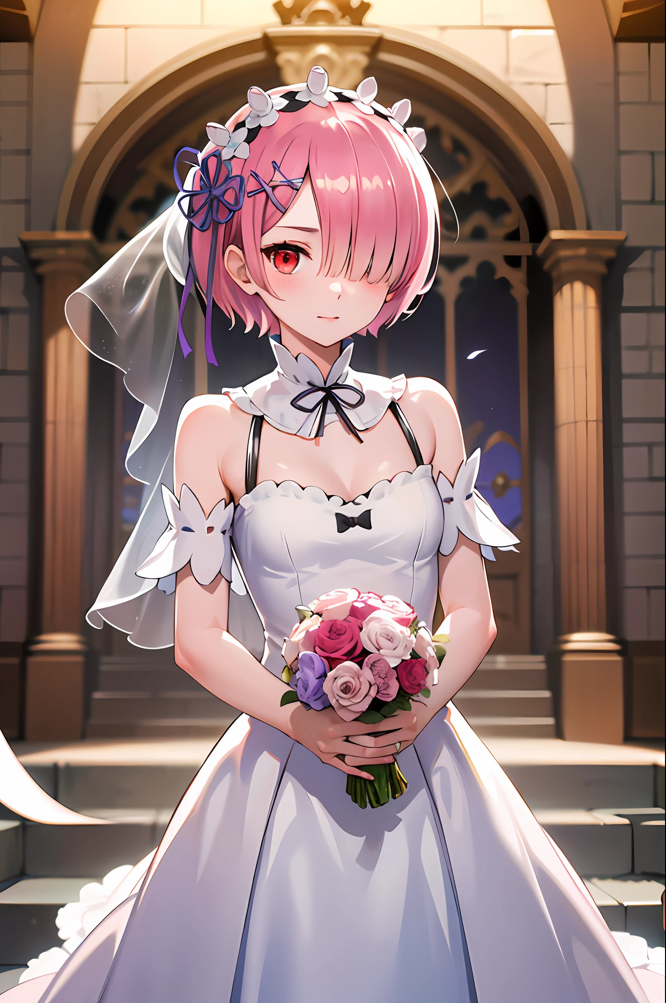 masterpiece, best quality, highres, ram1, 1girl, solo, ram \(re:zero\), pink hair, short hair, red eyes, hair over one eye, hair ribbon, x hair ornament, small breasts, purple ribbon, hair flower, wedding dress, bridal veil, bouquet, chuch,