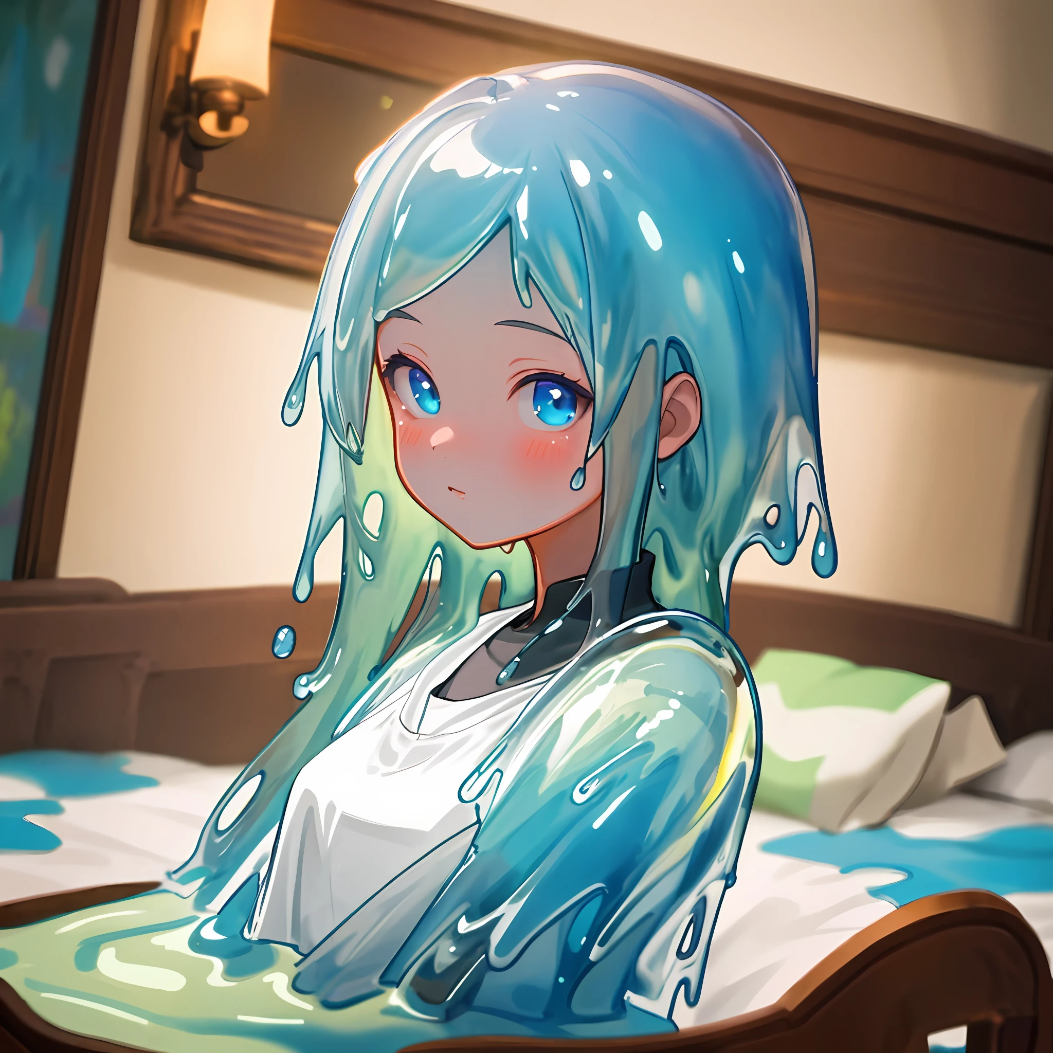 (masterpiece), best quality, 1girl, solo, slime girl, ligh, bedroom, loli, blue slime girl, upper body shot, portrait, digital art, beautiful, illustration, trending on artstation, featured on pixiv