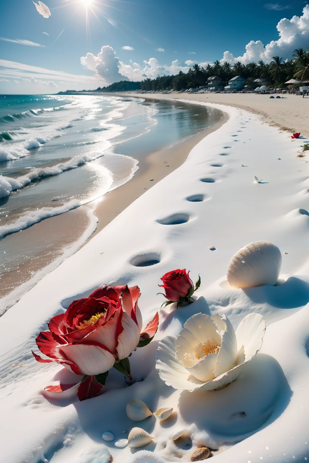 delicate scene,depth of field, 8K, The ivory sky,white clouds,and sunlight shine on the snow-white beach. The coral sea,and many colorful tinny shells on the beach,red roses, roses focus,