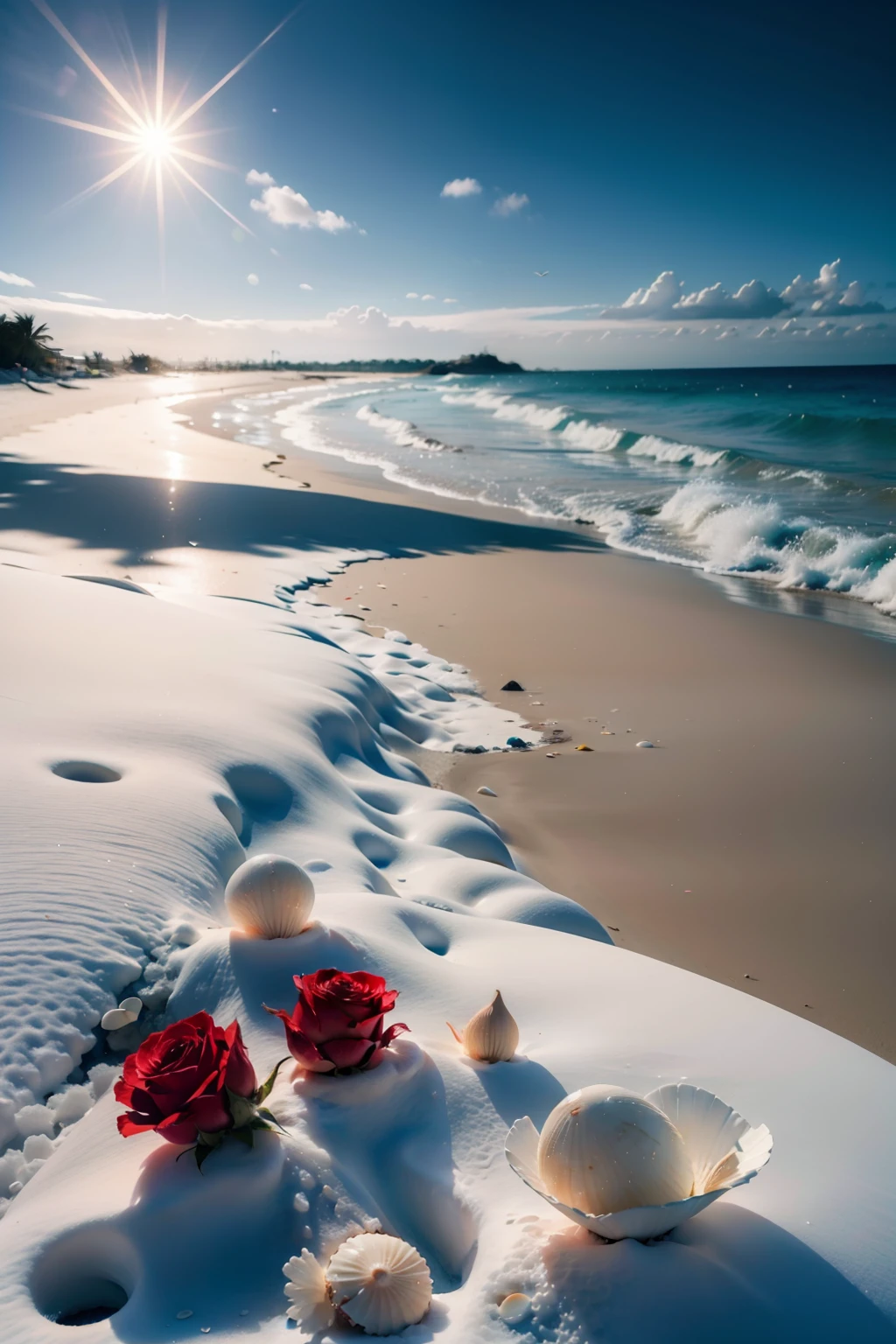 delicate scene,depth of field, 8K, The ivory sky,white clouds,and sunlight shine on the snow-white beach. The coral sea,and many colorful tinny shells on the beach,red roses, roses focus,