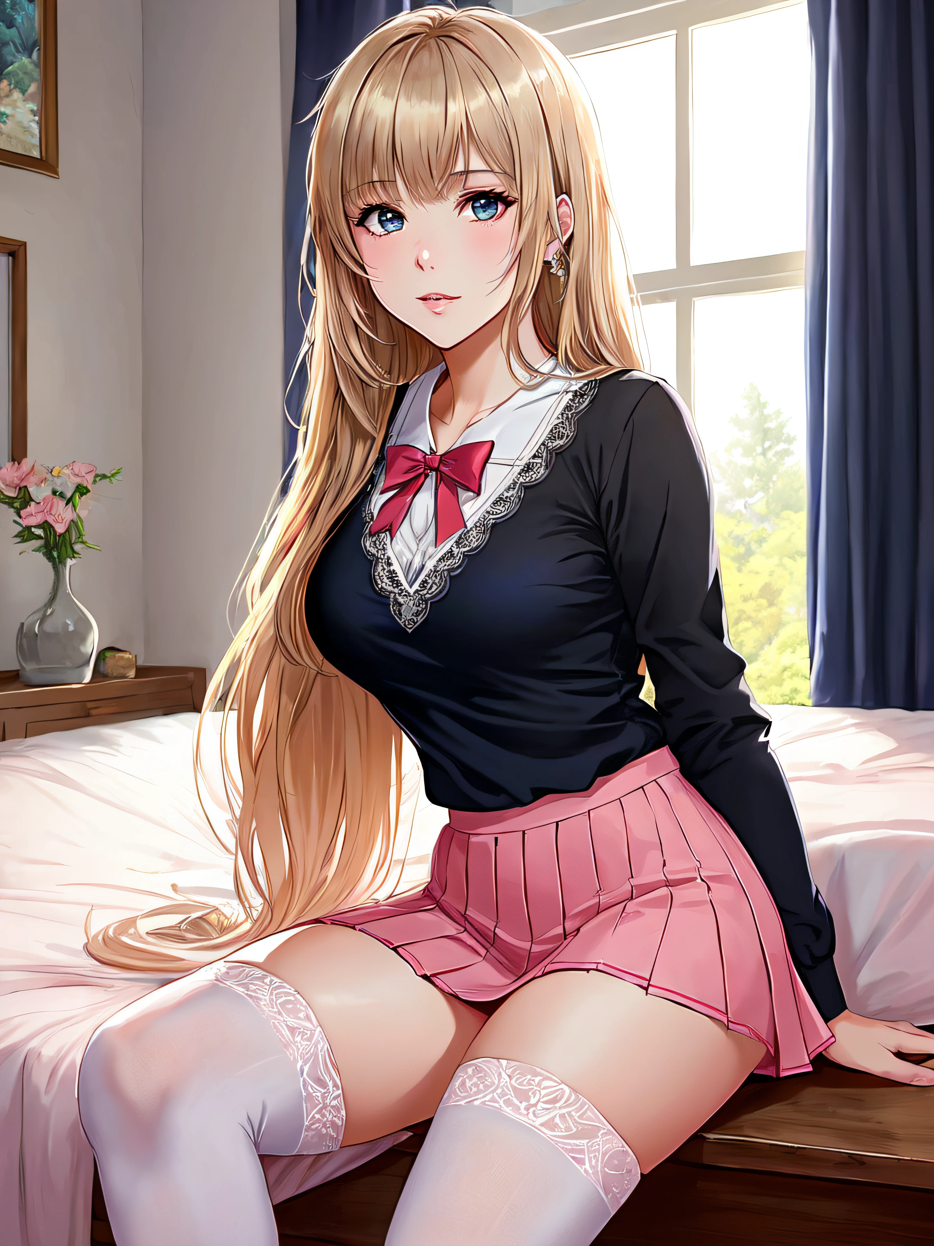 In her room, the open window curtain overlooking the park, pink walls, a chandelier on the ceiling, bed in the back with pink sheets, sitting cross-legged on a fine wooden chair, a schoolgirl of European origin, 20 years old, sexi, flirtatious look, lustful pose, blonde with blue eyes, big chest, beautiful gradient, Full body, Beautiful anime style girl, clean detailed facesKawaii, anime girl, dynamic pose, (school uniform: grey V-neck blouse with lace and neckline, black mini-skirt with pleats and butterfly patterns, white knee-high stockings with diamond patterns, red bow tie), massive chest, full body, Uhd digital painting, hyperdetailed triadic colors, unreal engine, fantastical, intricate detail, complementary colors, concept art based on the art of Range Murata, 8k resolution, deviantart masterpiece, oil painting, heavy strokes, dynamic light source