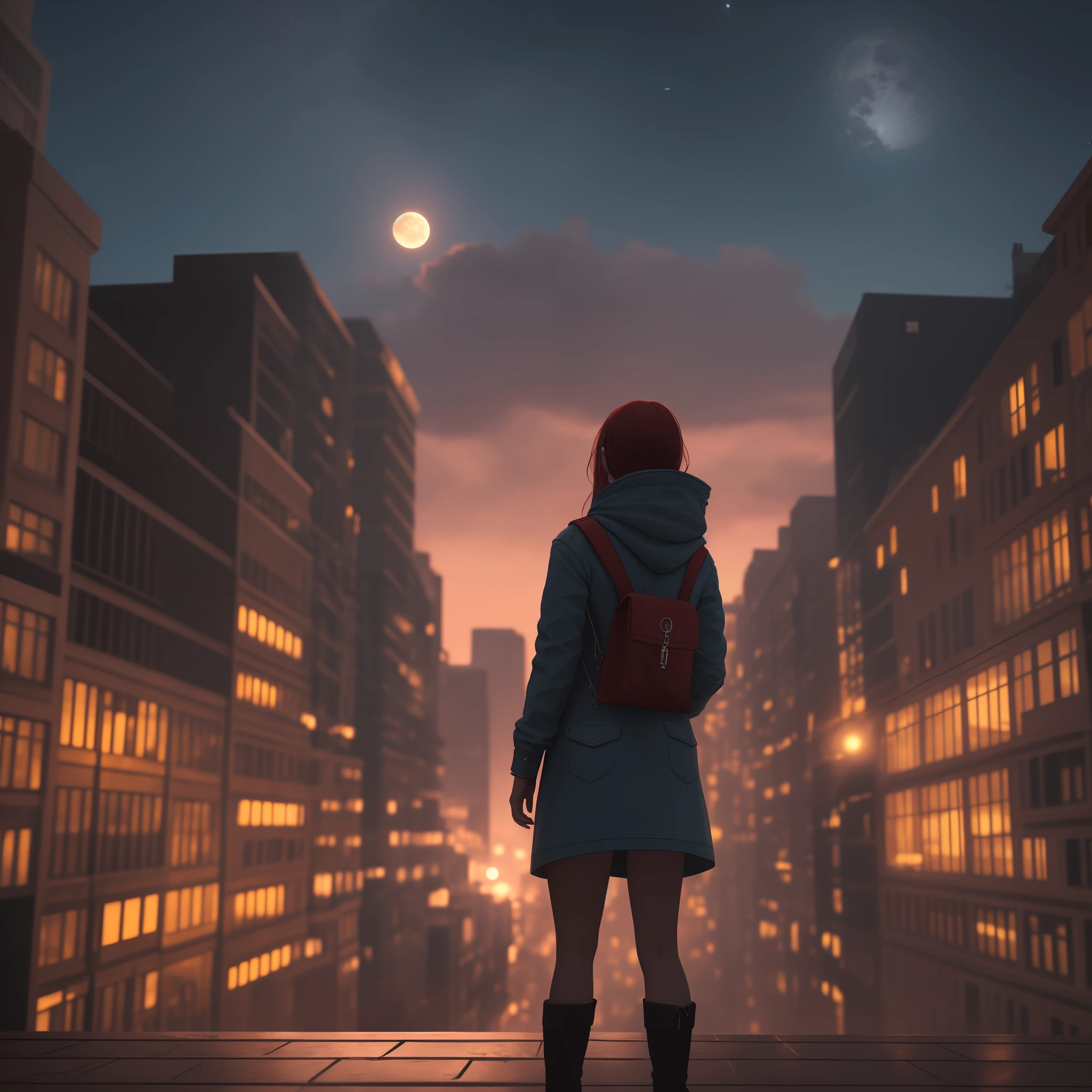 a photo of 8k ultra realistic beautiful sad girl standing on top of building, watching the city burn , full moon night , full city visible , intricate red and light cloudy yellow , ornate, cinematic lighting, trending on artstation, 4k, hyperrealistic, focused, high details, unreal engine 5, cinematic --ar 9:16:: --v 4:: --v 4