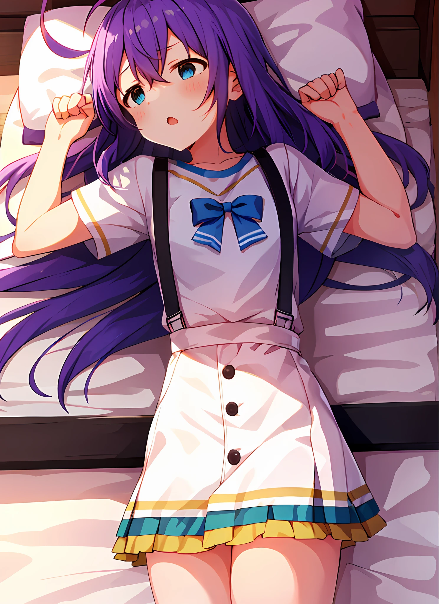 mochizuki anna,1girl in,Solo,Long hair,Purple hair,Small_Ahoge,Blue Eyes.Short stature.white t-shirts.suspenders.Skirt.Night view.lie on one’s side.Despair face.Clench your fists.Sweat.Opening Mouth.a bed.PILLOWS.