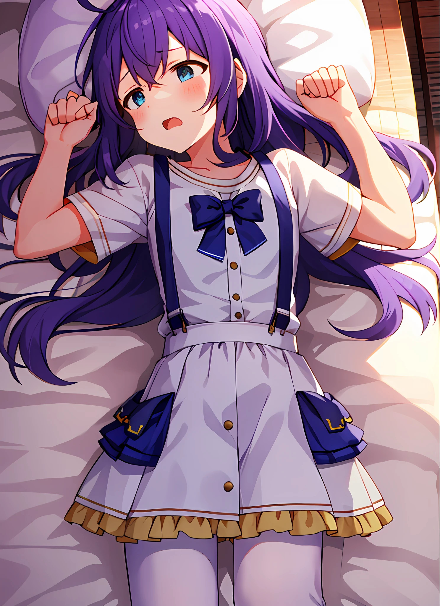 mochizuki anna,1girl in,Solo,Long hair,Purple hair,Small_Ahoge,Blue Eyes.Short stature.white t-shirts.suspenders.Skirt.Night view.lie on one’s side.Despair face.Clench your fists.Sweat.Opening Mouth.a bed.PILLOWS.