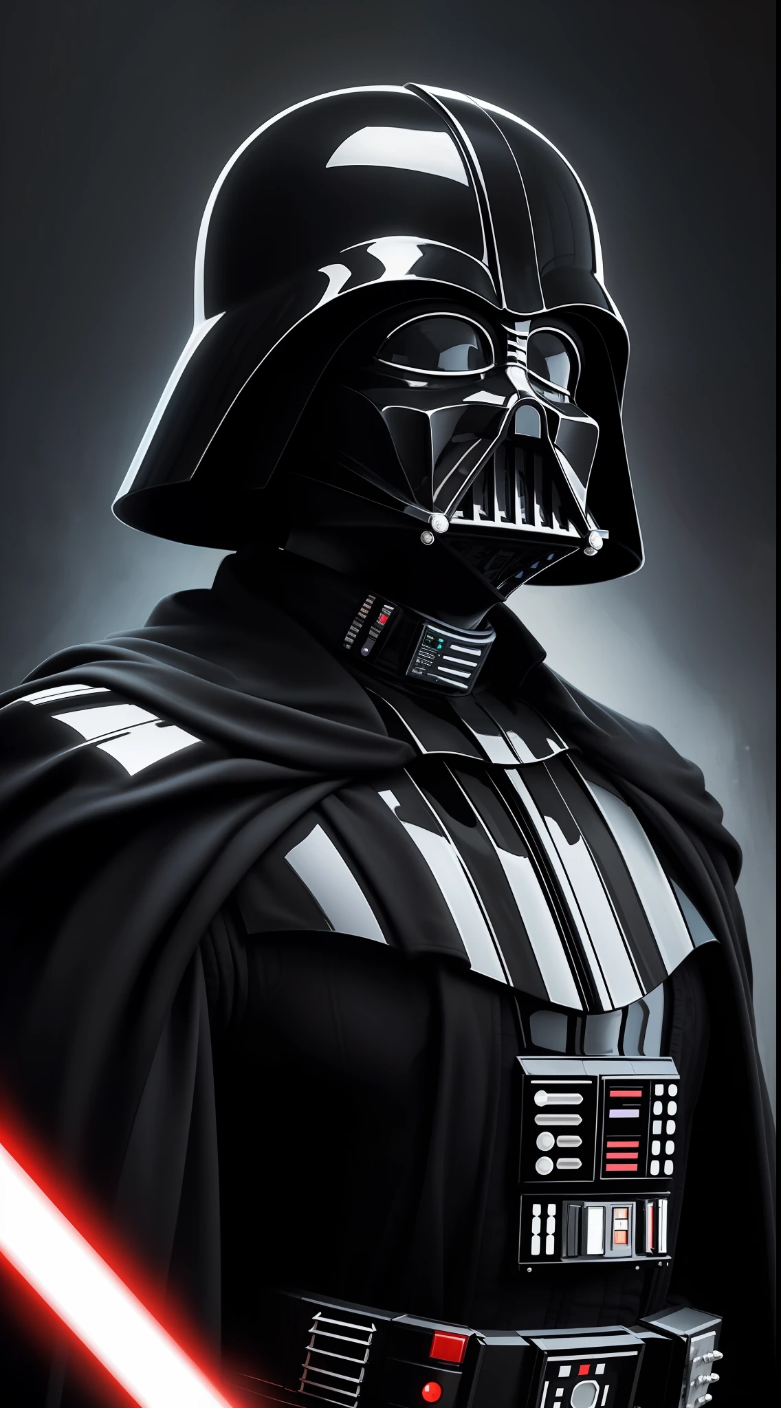 ((obra-prima)), ((melhor qualidade)), An oil painting depicting Darth Vader, the iconic Star Wars villain, em uma pose imponente e sombria. The color palette is dominated by dark tones, com destaque para os negros profundos e os vermelhos intensos do sabre de luz. The texture of the brushstrokes enhances the details of Vader's armor and helmet, creating a sense of power and mystery. Every detail of the painting is masterfully crafted, from the striking lines of the helmet to the folds of the cover, conveying the character's imposing presence and intimidating aura. This oil painting is a true work-of-the-art that captures the dark and iconic essence of Darth Vader., transporting the viewer to the Star Wars universe and arousing emotions of fascination and admiration.
