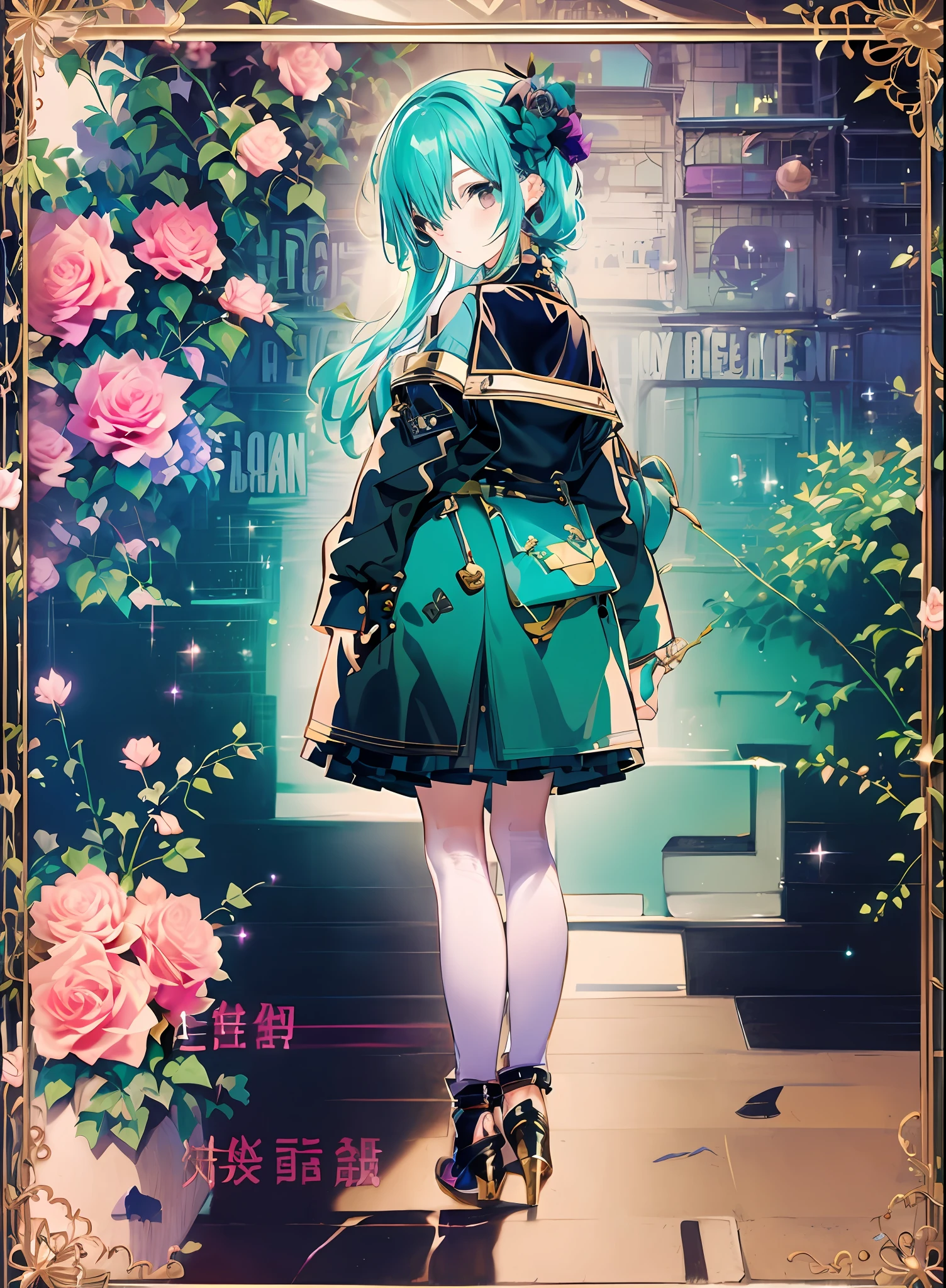 Konmutsuki_gacha_series1, punk_rosette, cute girl, aqua color flowers, full body, elegant flowers background