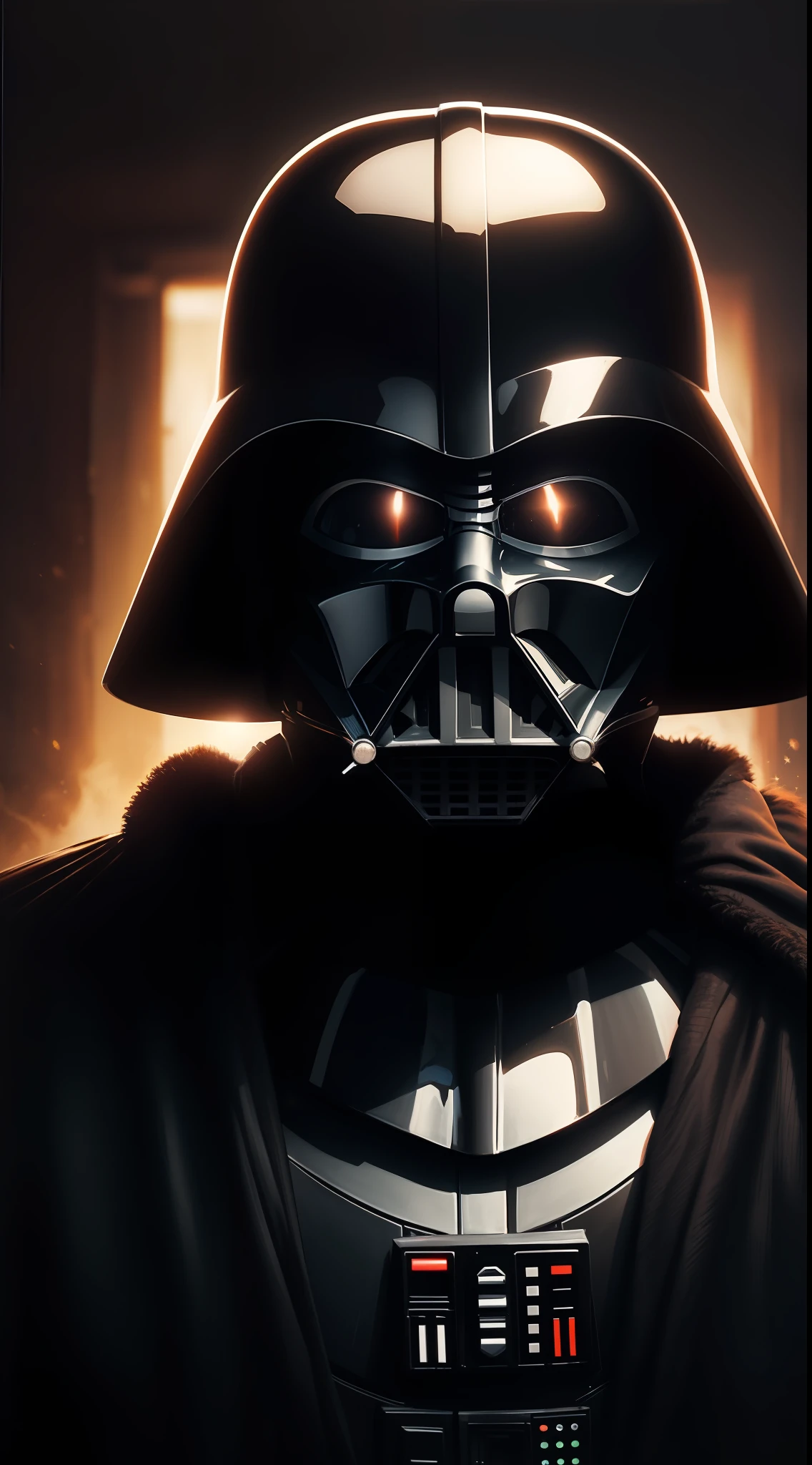 ((obra-prima)), ((melhor qualidade)), An oil painting depicting Darth Vader, the iconic Star Wars villain, em uma pose imponente e sombria. The color palette is dominated by dark tones, com destaque para os negros profundos e os vermelhos intensos do sabre de luz. The texture of the brushstrokes enhances the details of Vader's armor and helmet, creating a sense of power and mystery. Every detail of the painting is masterfully crafted, from the striking lines of the helmet to the folds of the cover, conveying the character's imposing presence and intimidating aura. This oil painting is a true work-of-the-art that captures the dark and iconic essence of Darth Vader., transporting the viewer to the Star Wars universe and arousing emotions of fascination and admiration.
