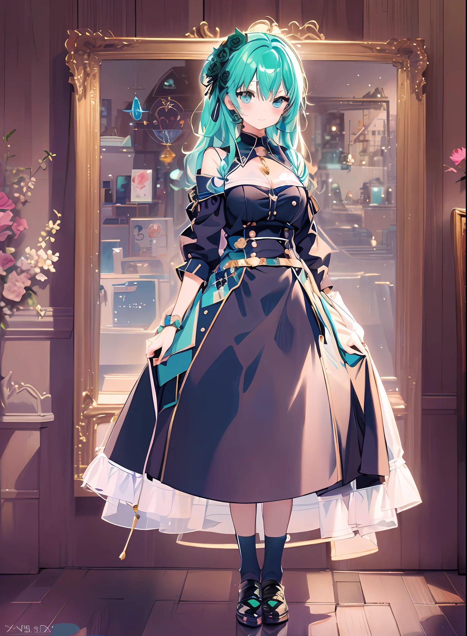 Konmutsuki_gacha_series1, punk_rosette, cute girl, aqua color flowers, full body, elegant flowers background