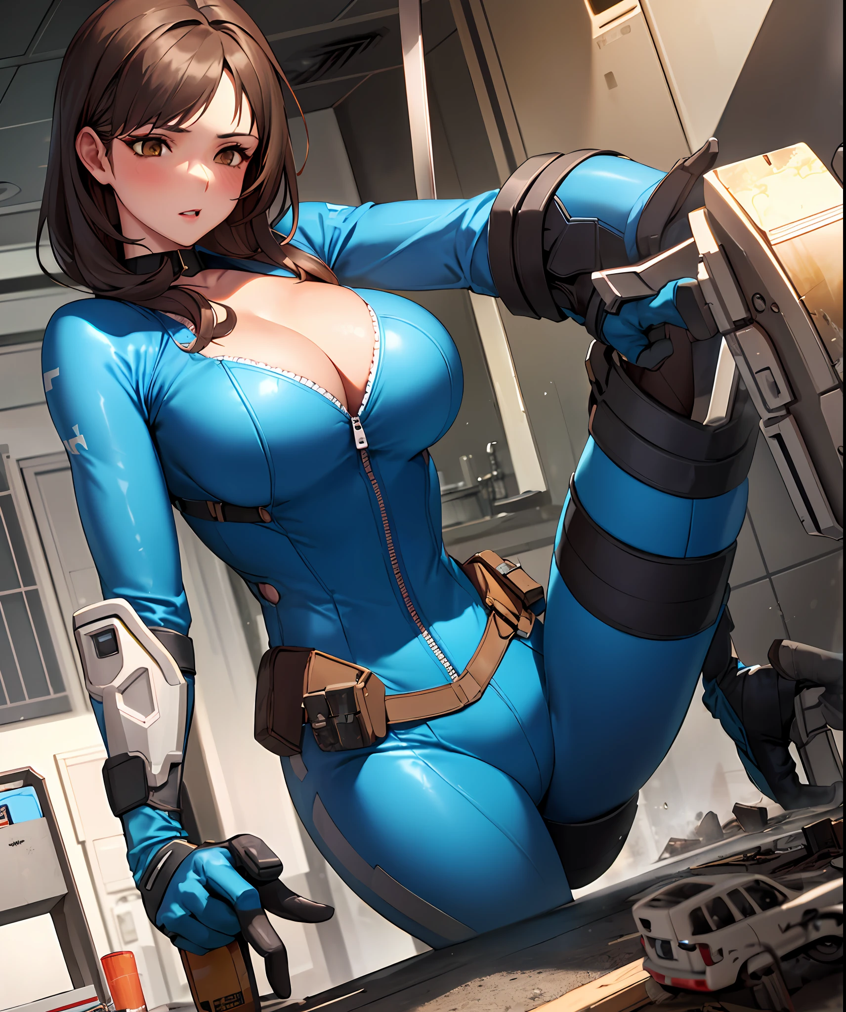 Fallout, a woman with messy brown hair, wearing a skintight vault jumpsuit, and a ragged blue metal gear bandana, brown eyes, blue jumpsuit with yellow stripes, fallout 3, cleavage, busty, GTS, GTSCRAMPED, Looming, legs, open cleavage, long legs