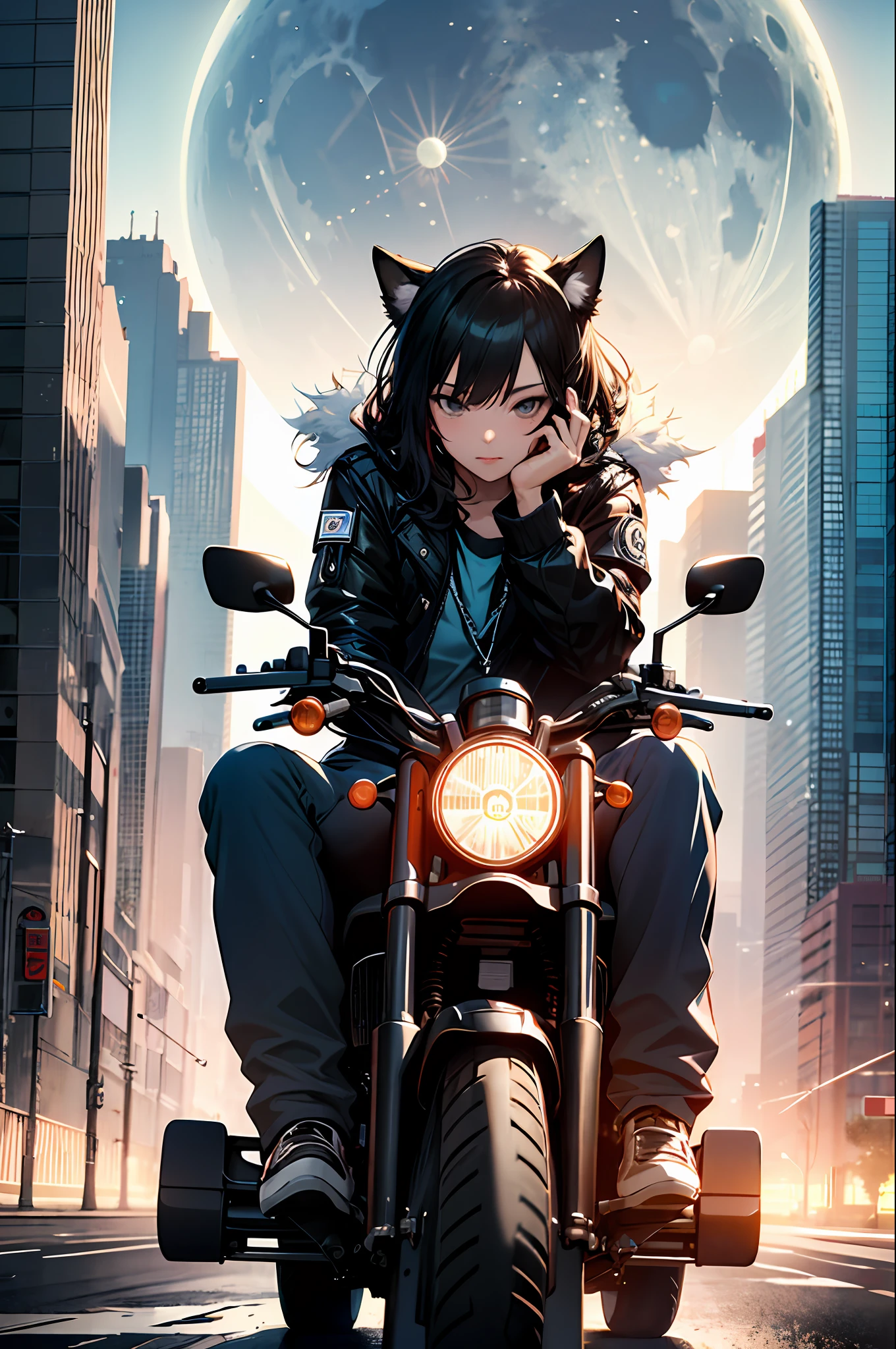 最好质量、巨作、The photograph、4K、photoreallistic、Heavily detailed、
1 girl riding a motorcycle、tech wear、cyber punk City、独奏、the future、Huge moon in the background、Akira Toriyama、write、