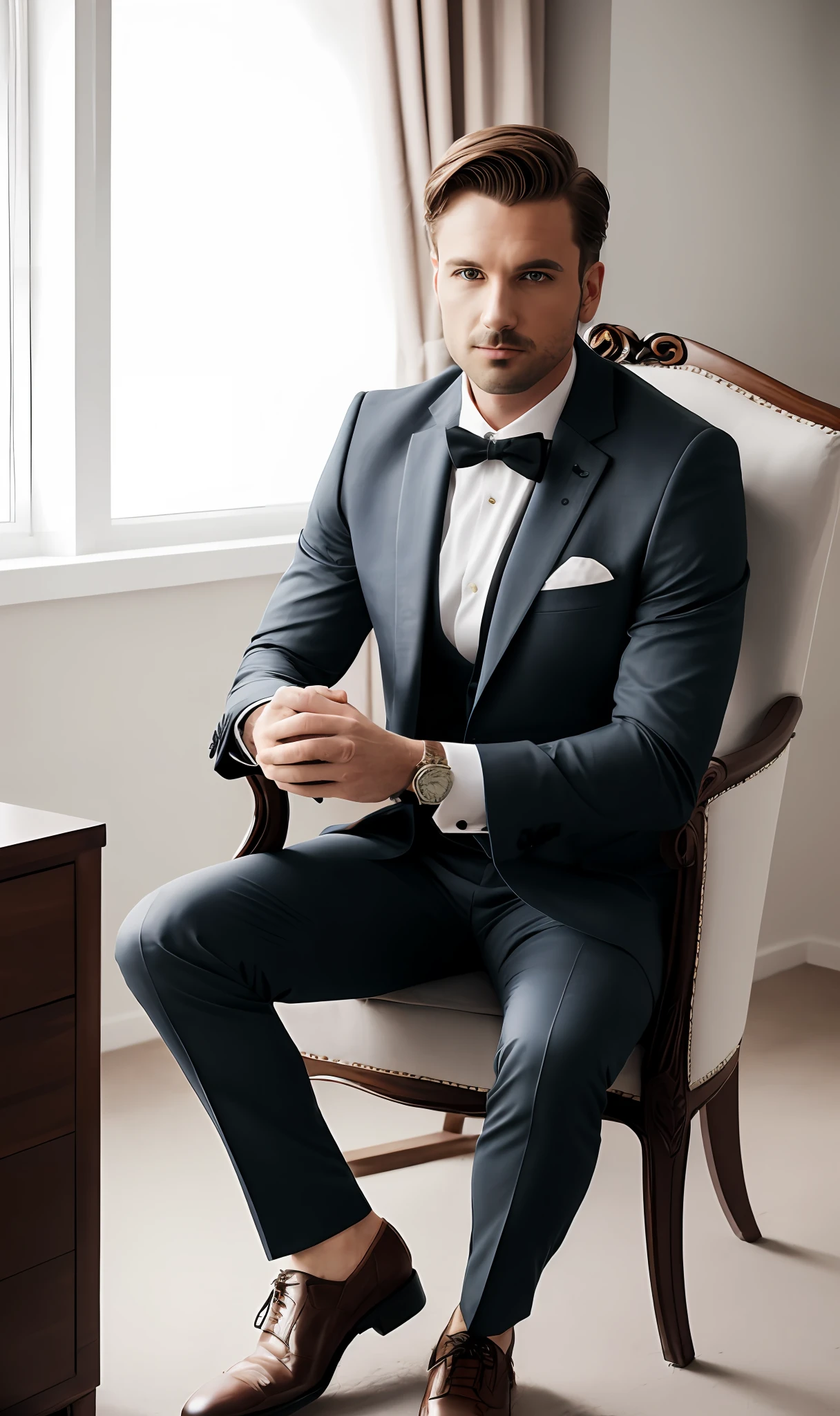 Make a man sitting in an armchair inside a room modern man wearing suit in the style of the movie Pink Bride 37 year old man extremely detailed eyebrow brown eyes brown hair combed back gray suit black suit vest and a white blouse gray hand detailed pants and his well-detailed social shoe