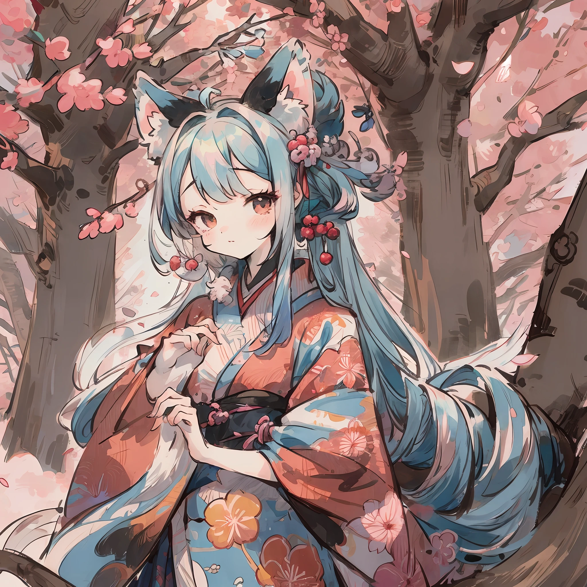 masterpiece, shuimobysim, badashanren, Shukezouma, kimono, The cherry tree, cherry blossoms dancing in the wind(super cute 1girl, solo, kemono, furry anthro)(animal ear, animal tail),