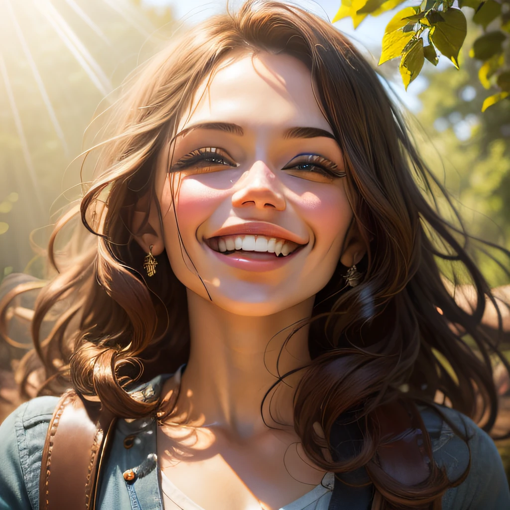 mulher sorriso perfeito, perfect hands, estendidas, in a square with rays of sunshine. adicionar detalhes realistas perfeitos