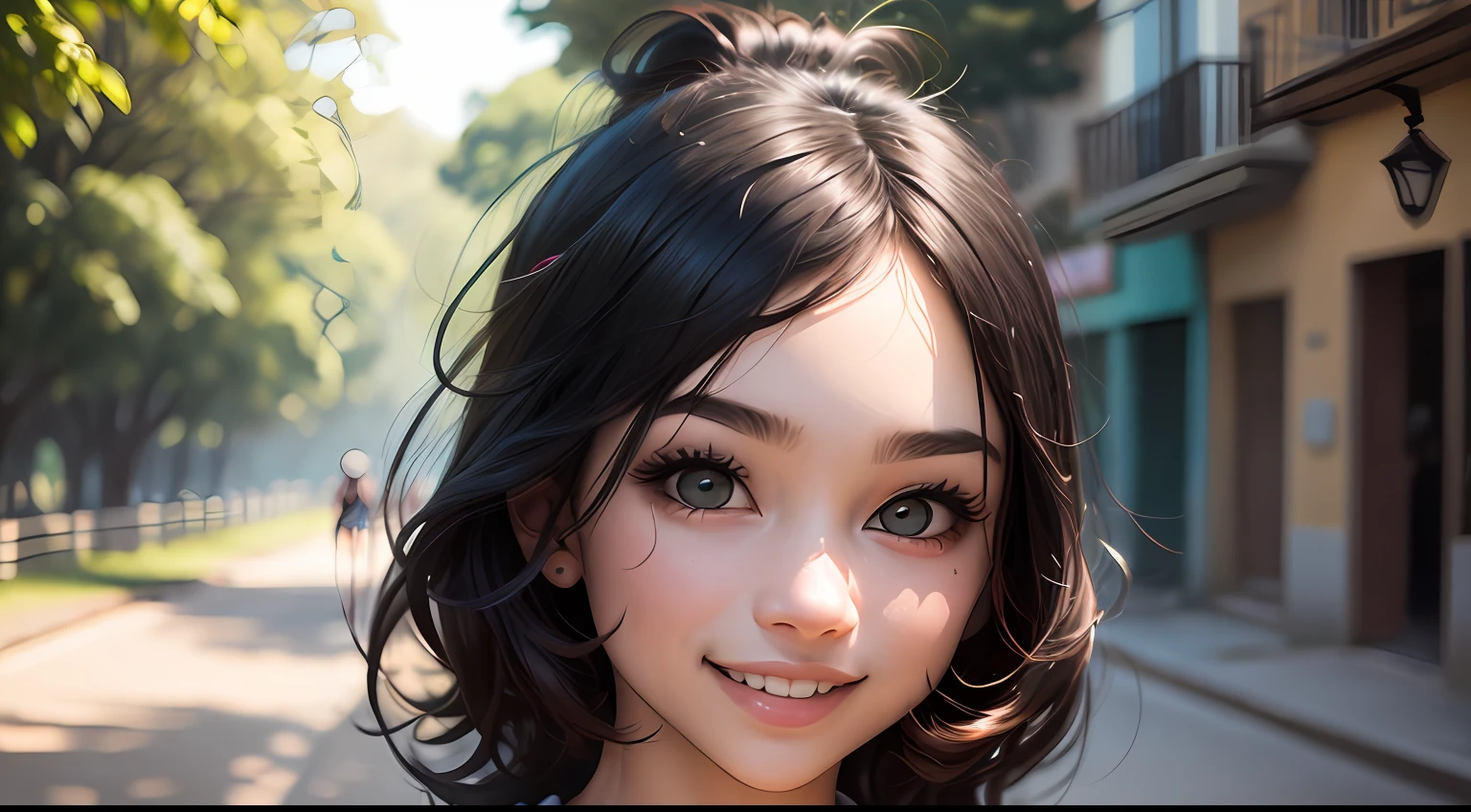 Uma menina de corpo inteiro, correndo pelo parque, pequena, linda, olhos abertos, sorridente, parquinho, and good lighting