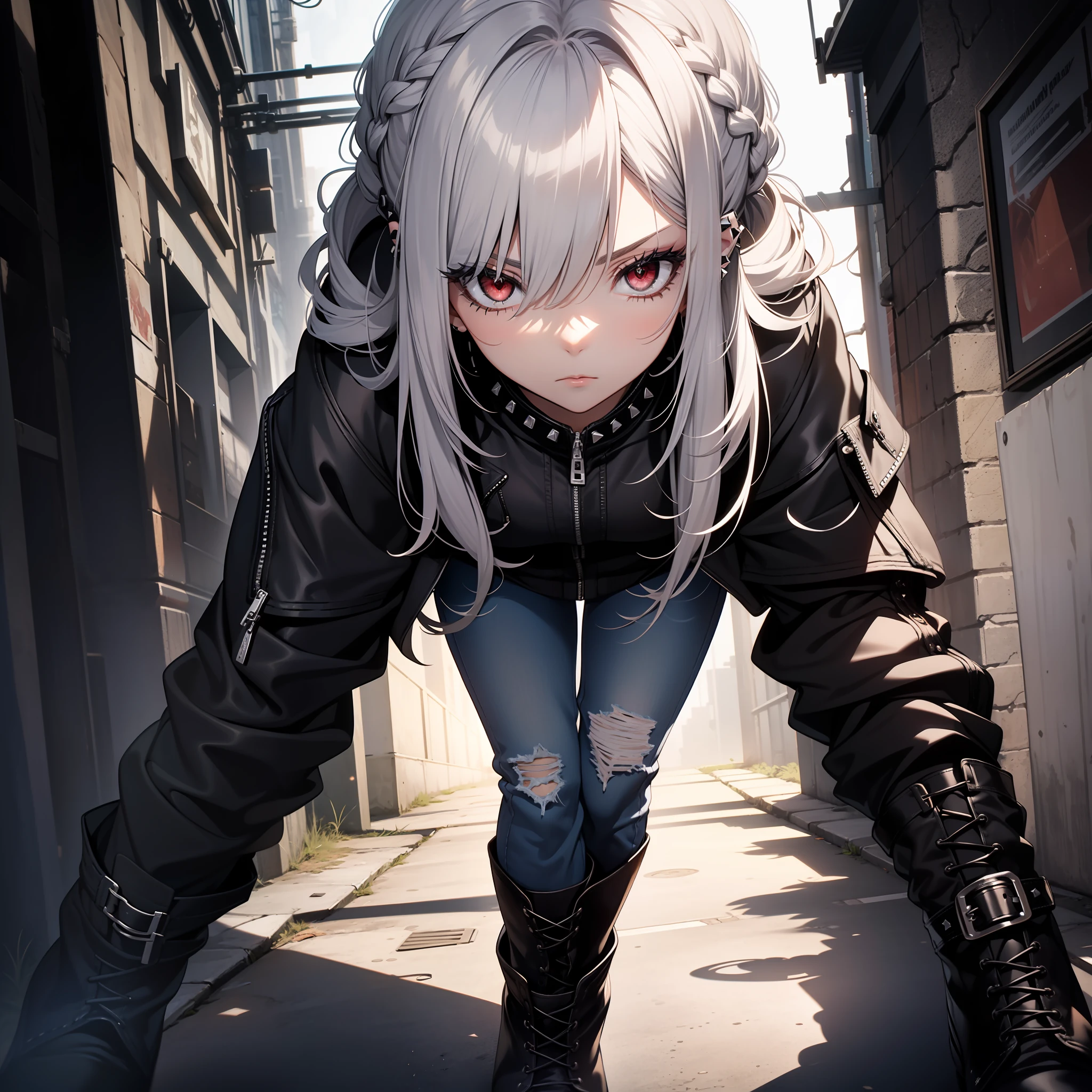 (masterpiece:1.5), highlydetailed, cold, solo, (1girl), intense shadows, red eyes,long hair,white hair,silver_hair,bangs,Hair rings,braid,(white hair:0.3), detailedeyes, (black studded jacket), expressionless, (ripped jeans), (leather boots), (silver accessories), smoky makeup