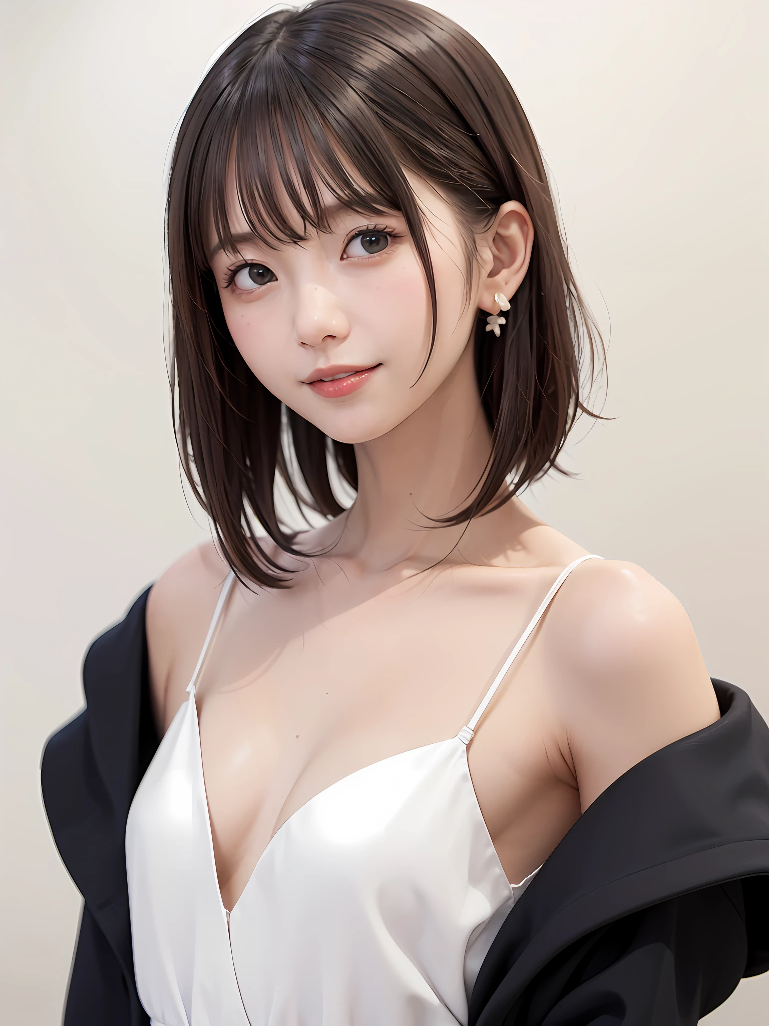 ((巨作、22yearsold、1 beautiful girl、Detailed eye、Shorthair with bangs、shorth hair、neck long、Put your ears out))、big eye、Distinct double eyelids、((最好质量, ultra-high-resolution、gazing at the camera、Light brown eyes、Clean collarbone、glowy skin、Straighten your back、The face of the golden ratio、a small face)), (Realisticity: 1.4), OriginalPhotographs, 1girl in,Cinema tick writing、japanes、Asian Beauty、Korea person、Super beauty、Realistic skin type、(((F Cup Breasts、A slender、The body is facing forward、lipgloss、smiling slightly、Closing mouth and smiling happily)))、(ultra realisitic)、(A high resolution)、(8K picture quality)、(Very Details)、(Best Illustration)、(beautifully detailed eyes)、(ultra hyper-detailed)、detailed faces、lookig at viewer、Facing Straight Ahead、neat and clean clothes、sleevless、short-hair、black har、46-point diagonal bangs、Background is really nothing but pure white background、neat atmosphere、
