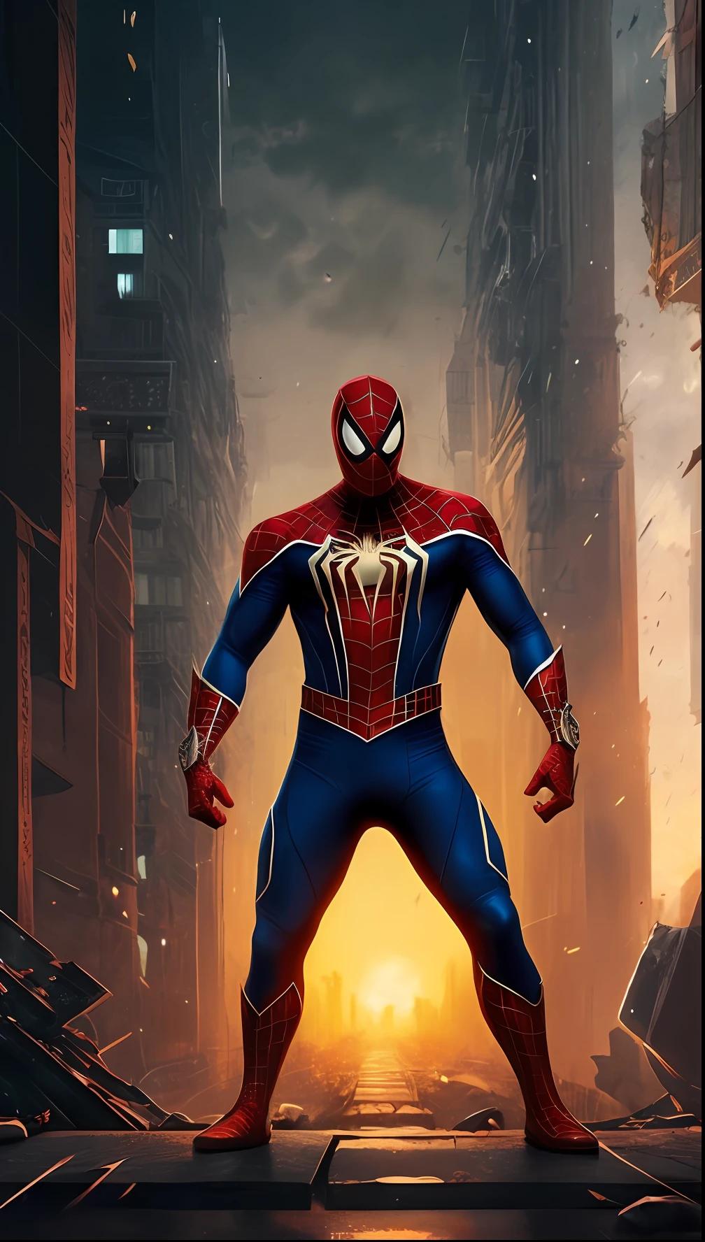 full body shot of spiderman in white and gold armour style suit, no mask on, white cape, looking at center camera, perfect composition, beautiful detailed intricate insanely detailed octane render trending on artstation, 8 k artistic photography, photorealistic concept art, soft natural volumetric cinematic perfect light, chiaroscuro, award - winning photograph, masterpiece, oil on canvas, raphael, caravaggio, greg rutkowski, beeple, beksinski, giger, trending on artstation, sharp focus, studio photo, intricate details, highly detailed, night city background, by greg rutkowski --auto