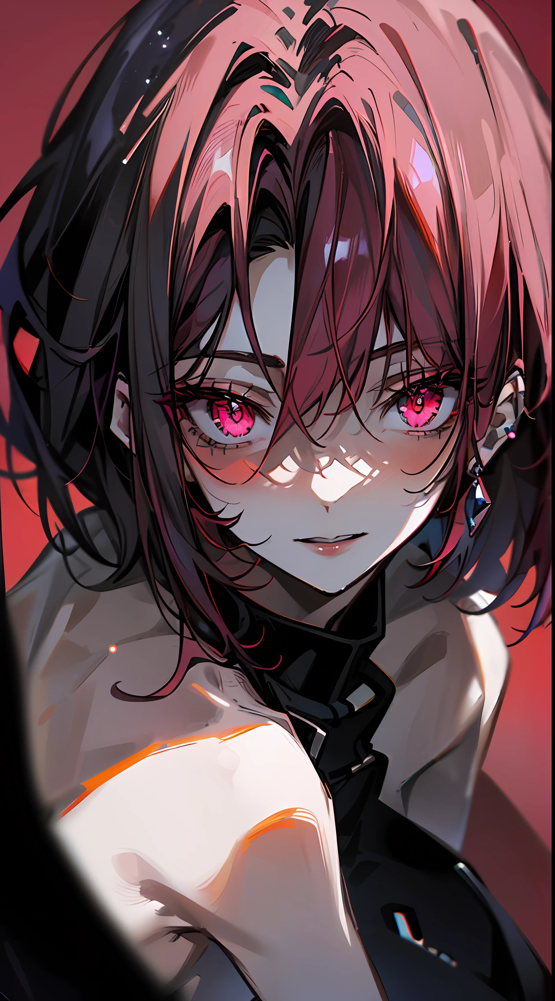 1boy, (close up face, masterpiece, best quality:1.2), 8k, official art, absurdres, (gray eyes), pierced earrings, (smokey eye shadow with glitter, glazed pinkish red lips:1.1), (very dark red background:1.4), ultra realistic, highres, photography, film grain, chromatic aberration, sharp focus, HDR, facelight, dynamic lighting, cinematic lighting, professional shadow, dark shadow, highest detailed, extreme detailed, ultra detailed, finely detail, real skin, delicate facial features, detailed face and eyes, sharp pupils, realistic pupils, ((Pink Hair Color1:4| black hair color)) , short hair, pink clothes, piercing, smile, (( solo)), (gray eyes)
